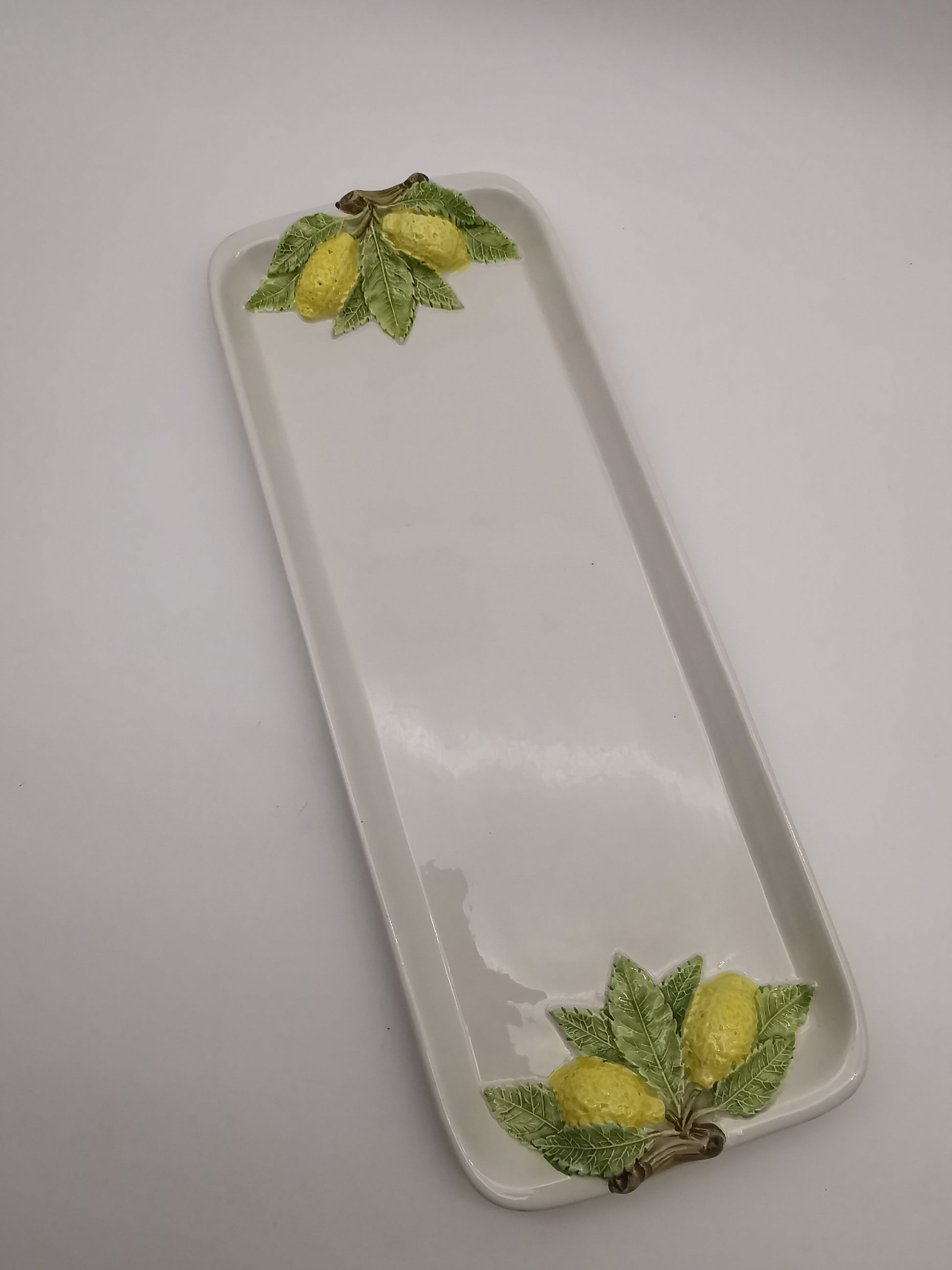 Vintage Bassano Italy Ceramic Lemon Serving Tray / Hand-Painted Majolica Rectangular Platter