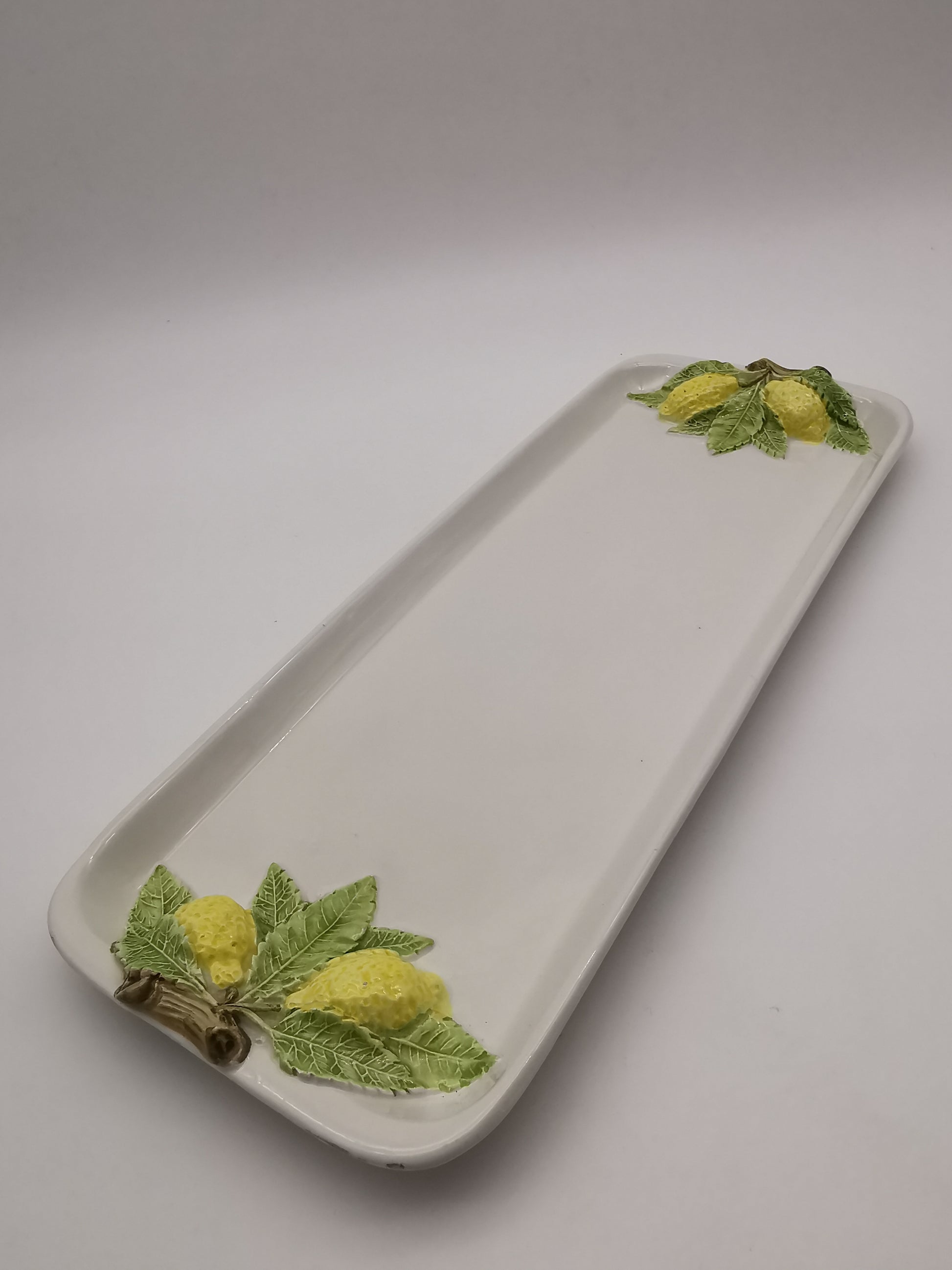 Vintage Bassano Italy Ceramic Lemon Serving Tray / Hand-Painted Majolica Rectangular Platter