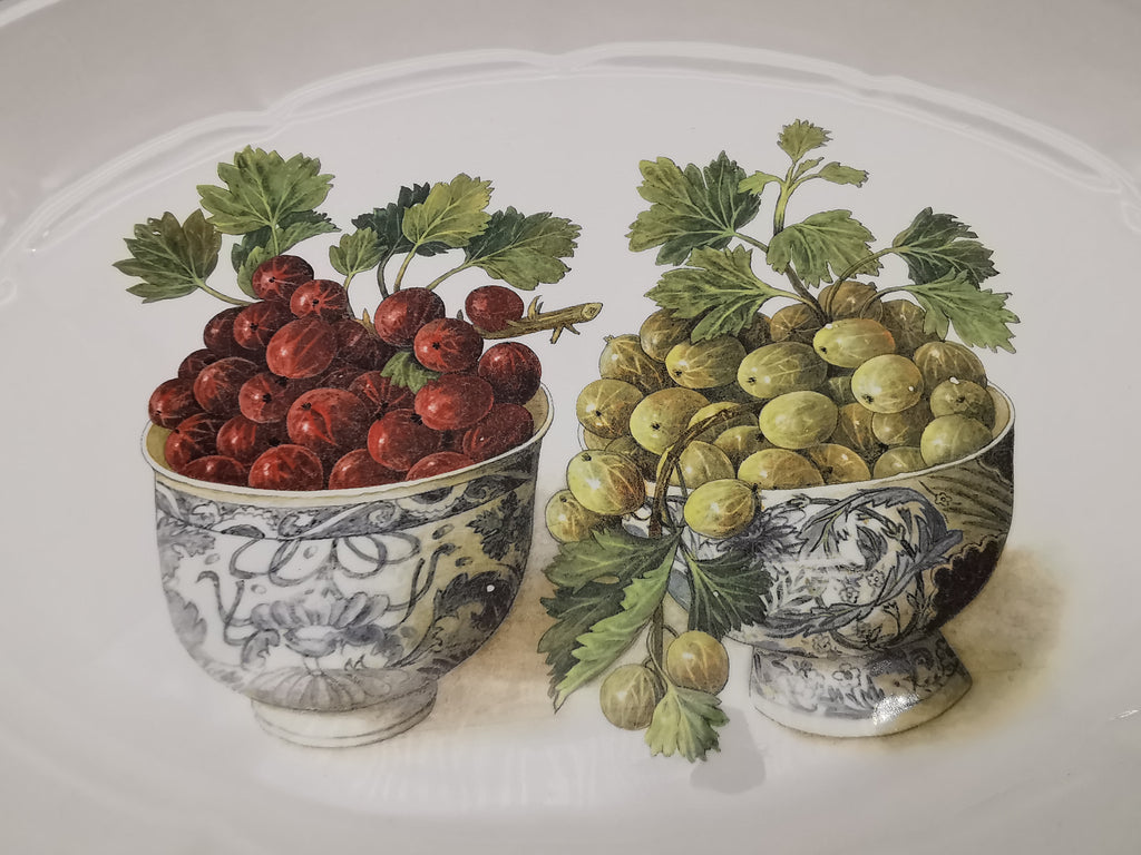 Large Vintage Italian Ceramic Serving Platter – 16" Beautiful Gooseberry Botanical Oval Tray