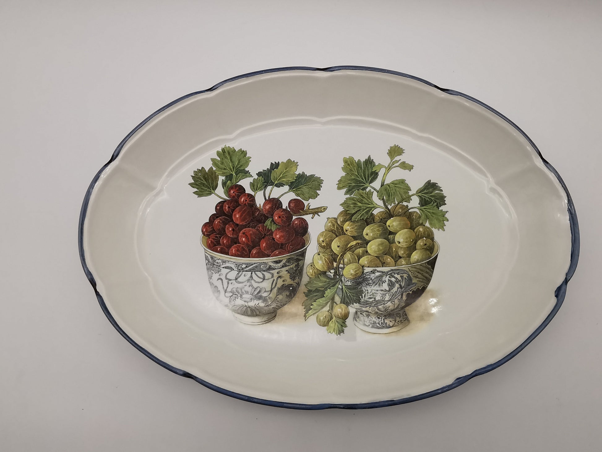 Large Vintage Italian Ceramic Serving Platter – 16" Beautiful Gooseberry Botanical Oval Tray