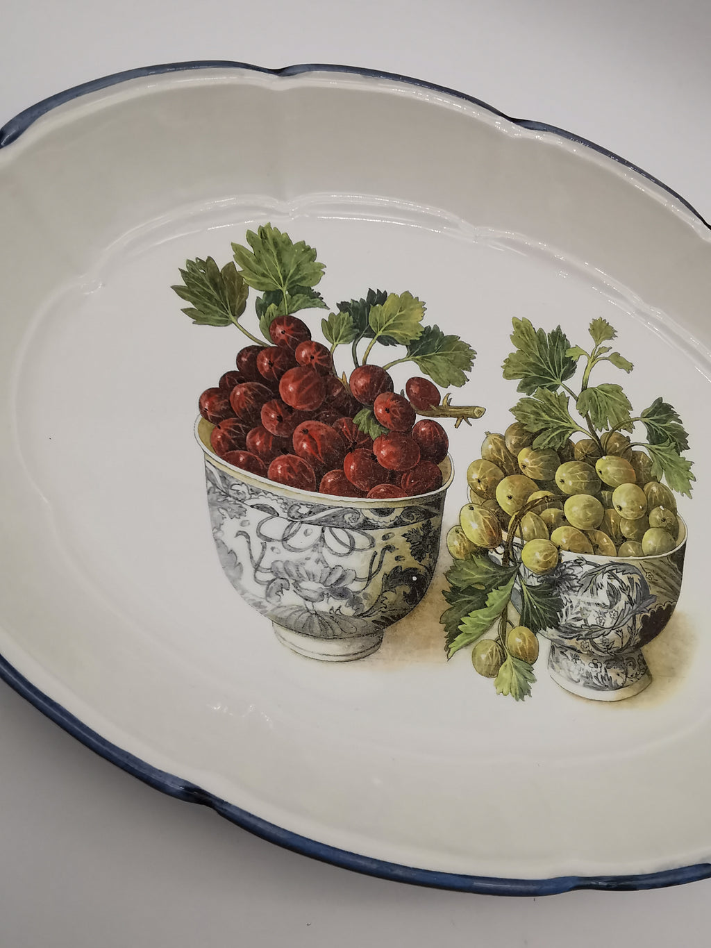 Large Vintage Italian Ceramic Serving Platter – 16" Beautiful Gooseberry Botanical Oval Tray