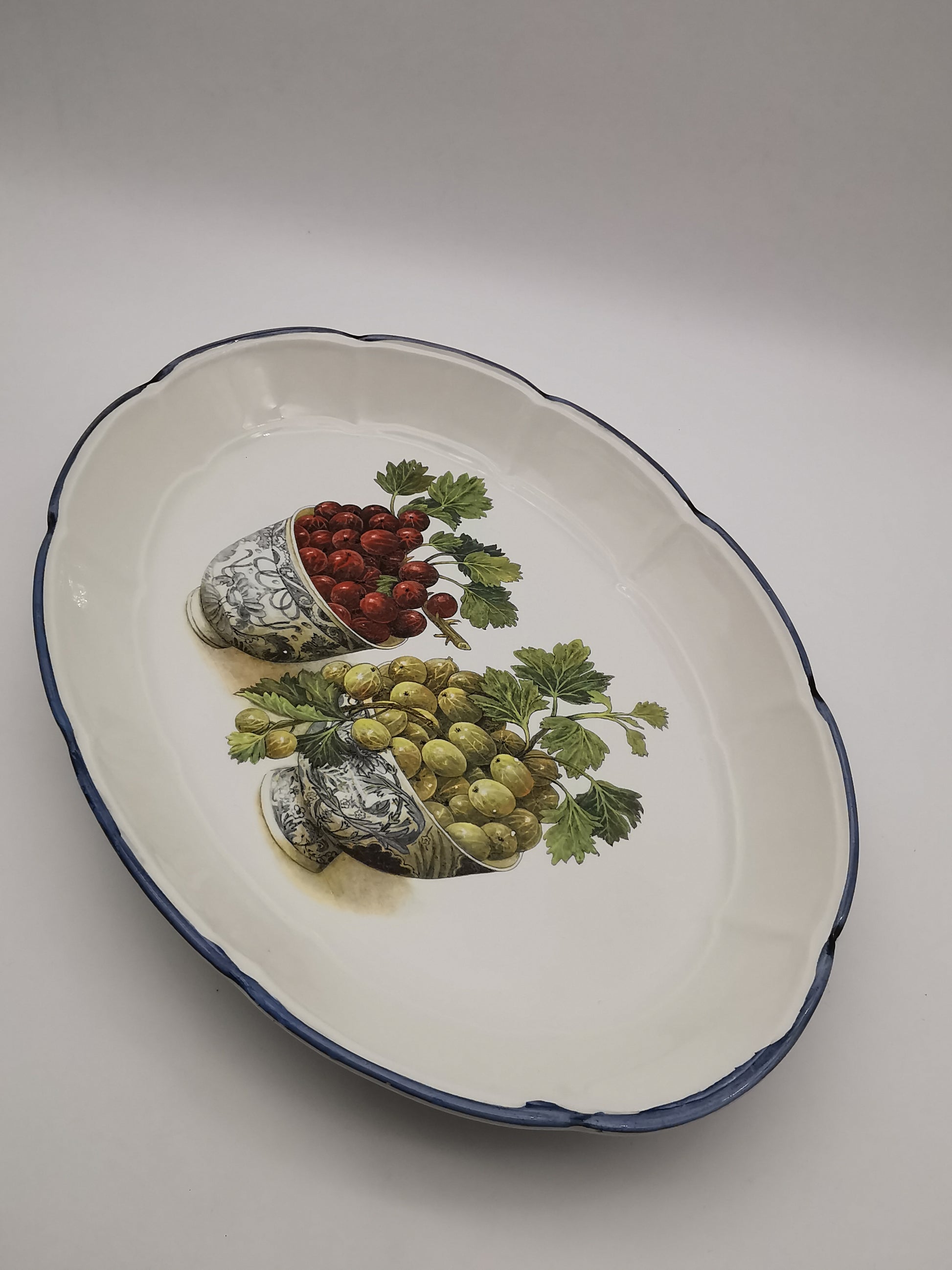 Large Vintage Italian Ceramic Serving Platter – 16" Beautiful Gooseberry Botanical Oval Tray