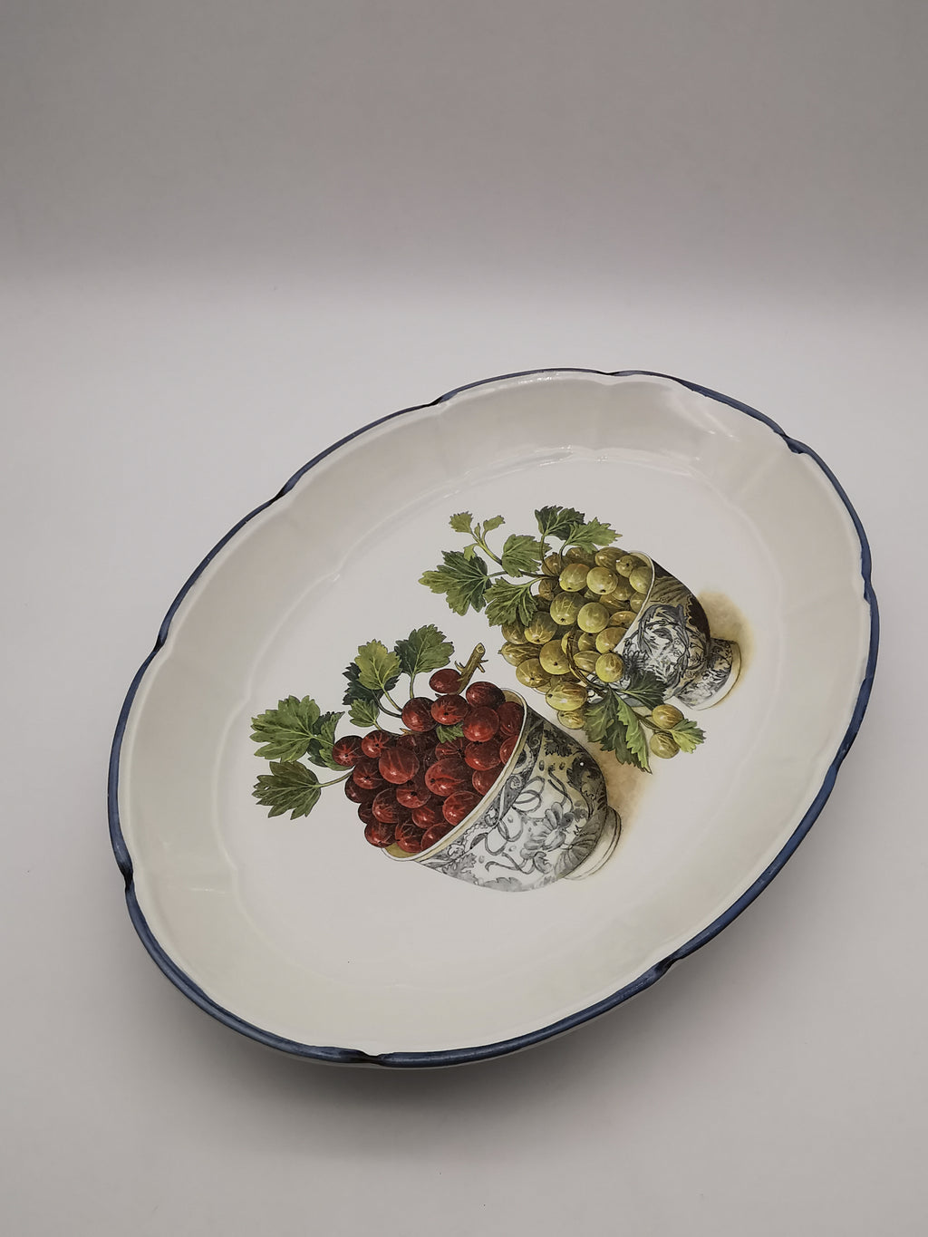 Large Vintage Italian Ceramic Serving Platter – 16" Beautiful Gooseberry Botanical Oval Tray