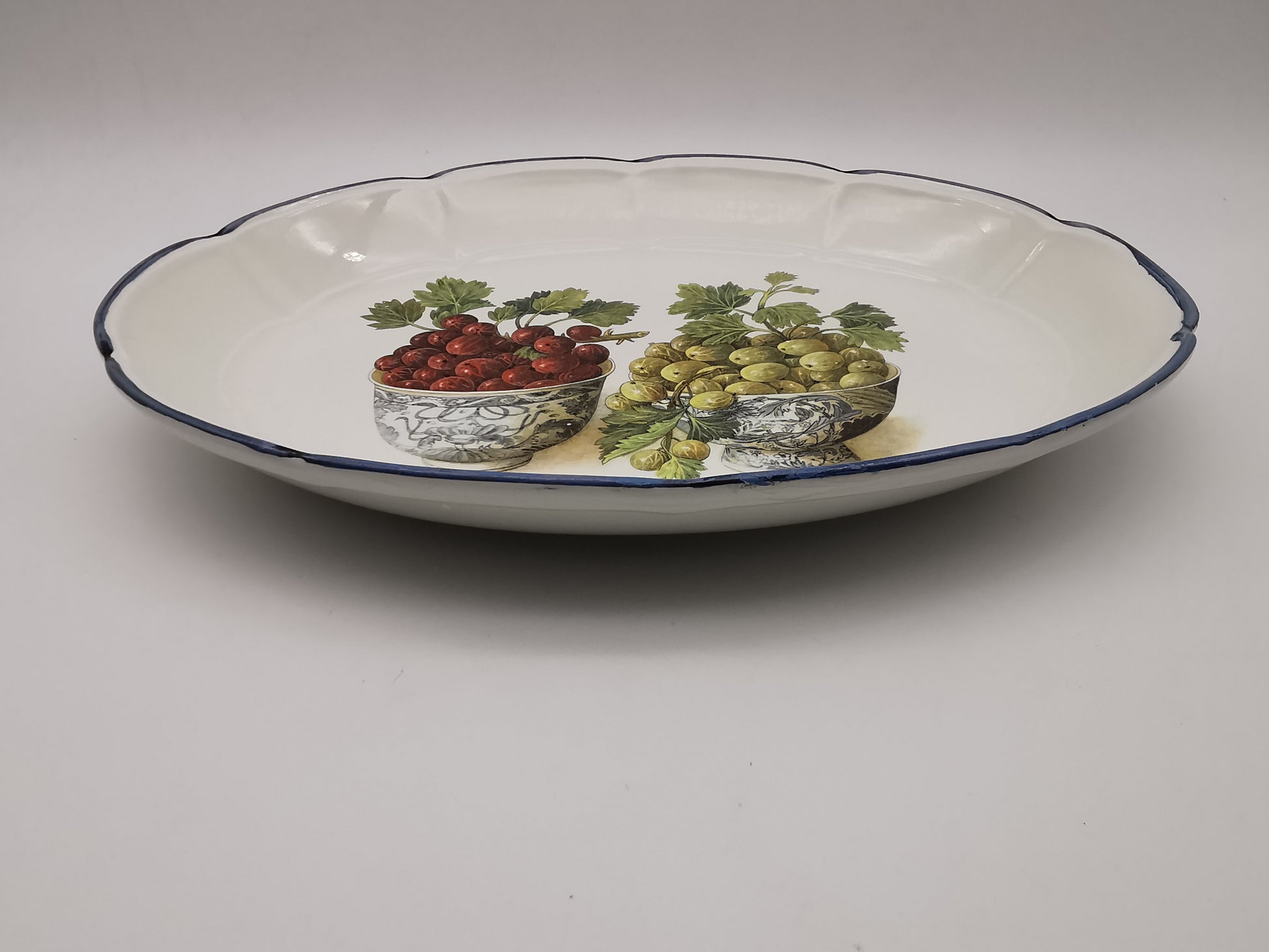 Large Vintage Italian Ceramic Serving Platter – 16" Beautiful Gooseberry Botanical Oval Tray