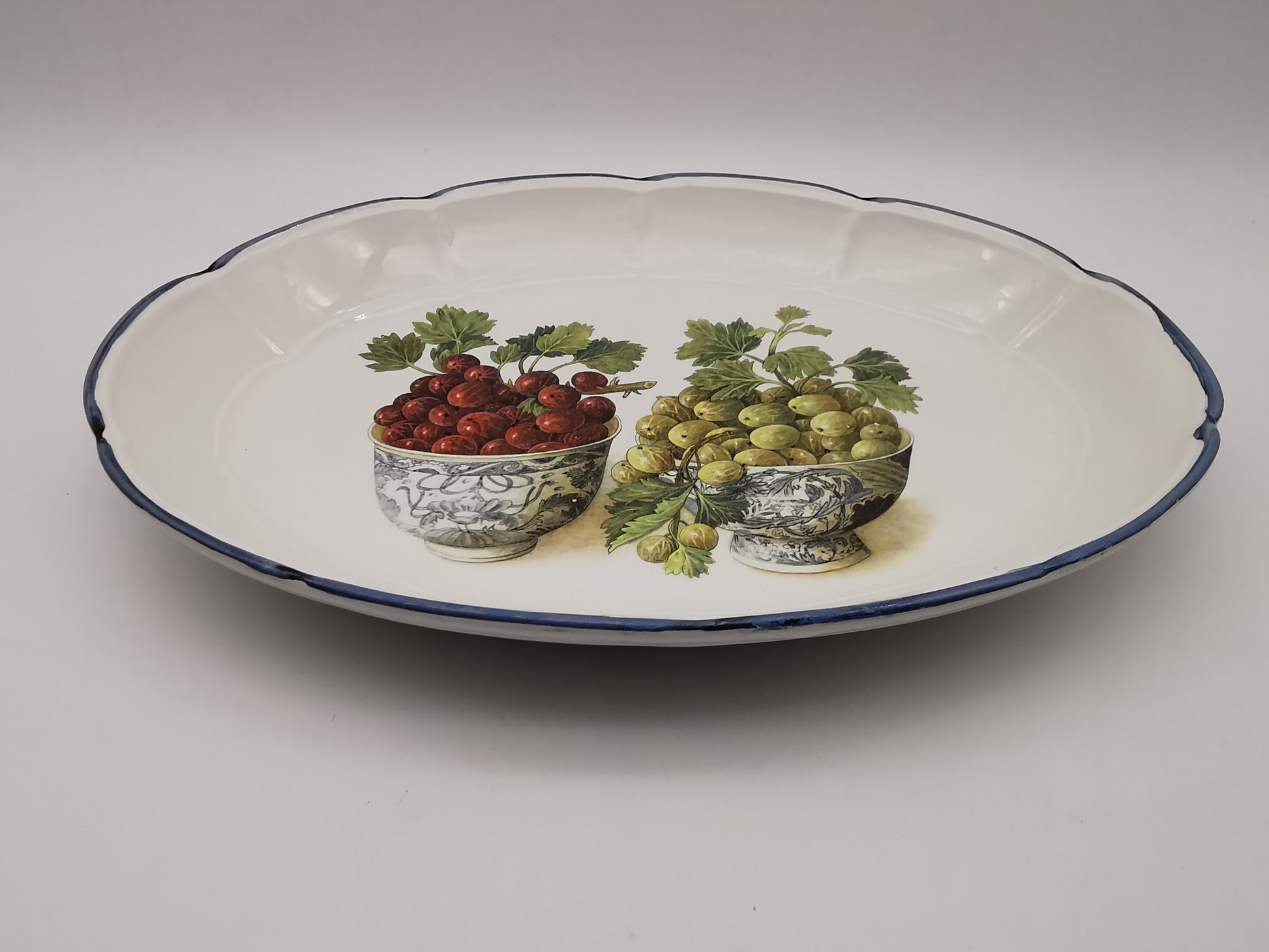 Large Vintage Italian Ceramic Serving Platter – 16" Beautiful Gooseberry Botanical Oval Tray