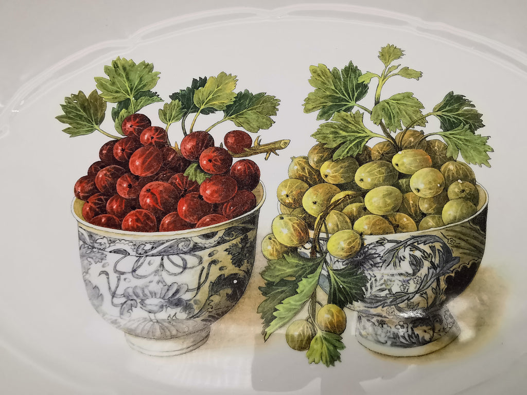 Large Vintage Italian Ceramic Serving Platter – 16" Beautiful Gooseberry Botanical Oval Tray