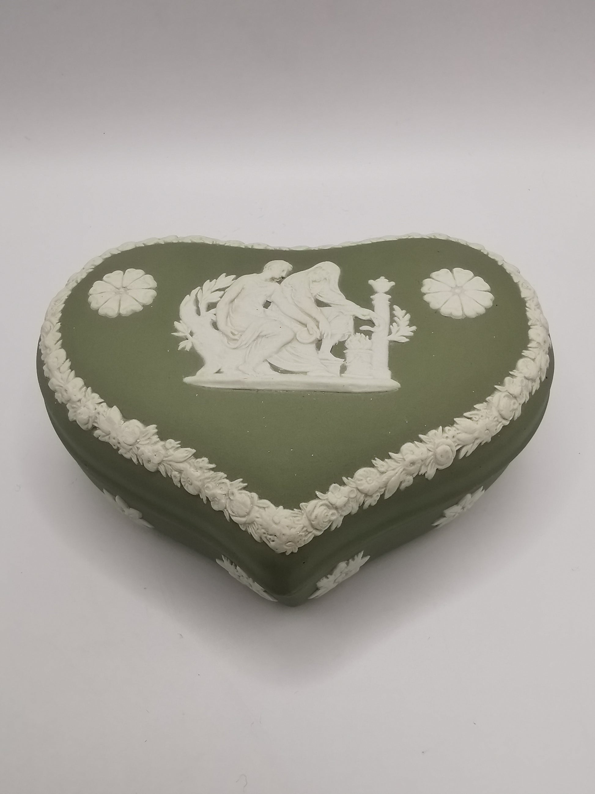 Vintage Wedgwood Sage Green Jasperware Heart Shape Trinket Box
