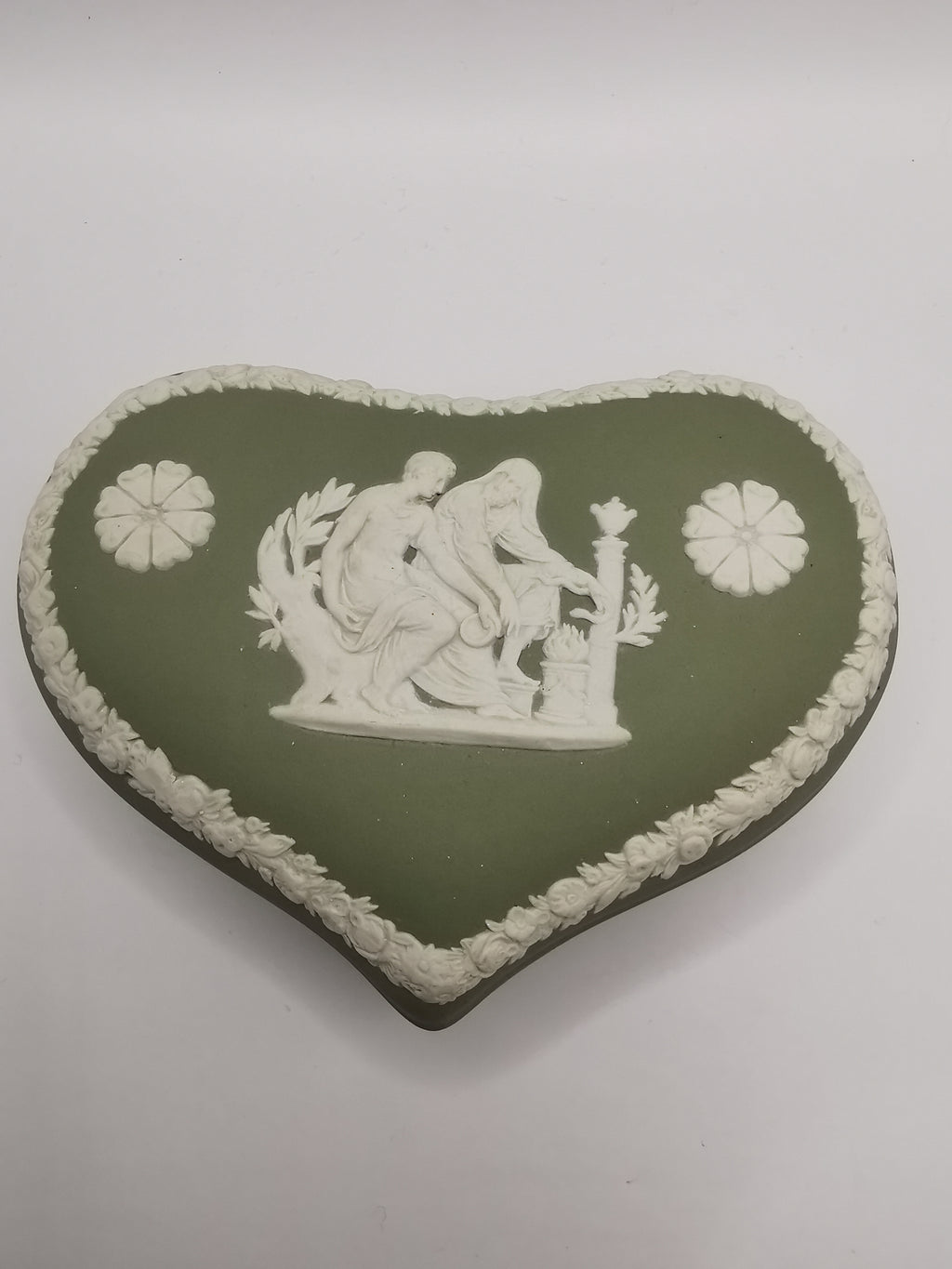 Vintage Wedgwood Sage Green Jasperware Heart Shape Trinket Box