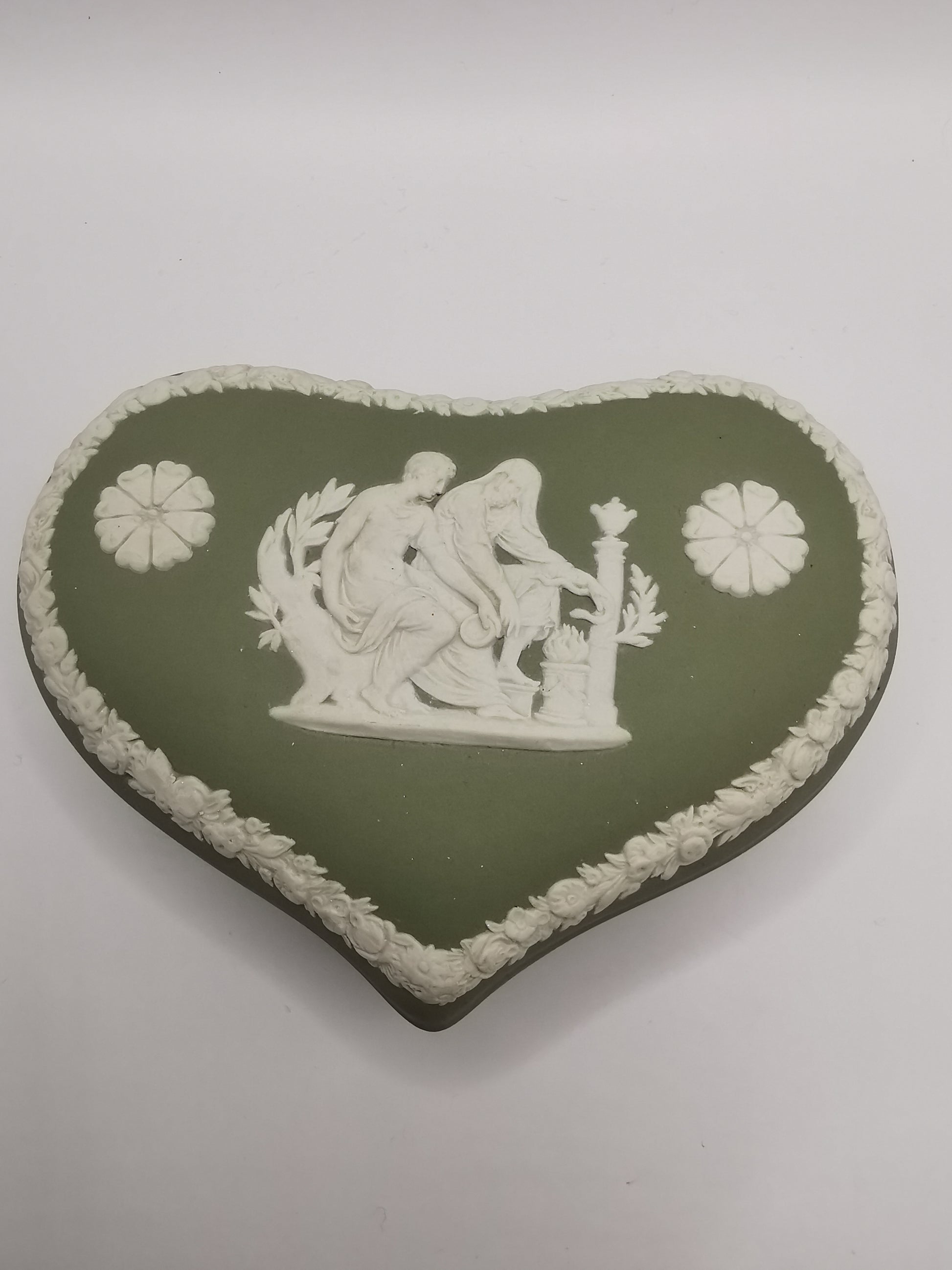 Vintage Wedgwood Sage Green Jasperware Heart Shape Trinket Box