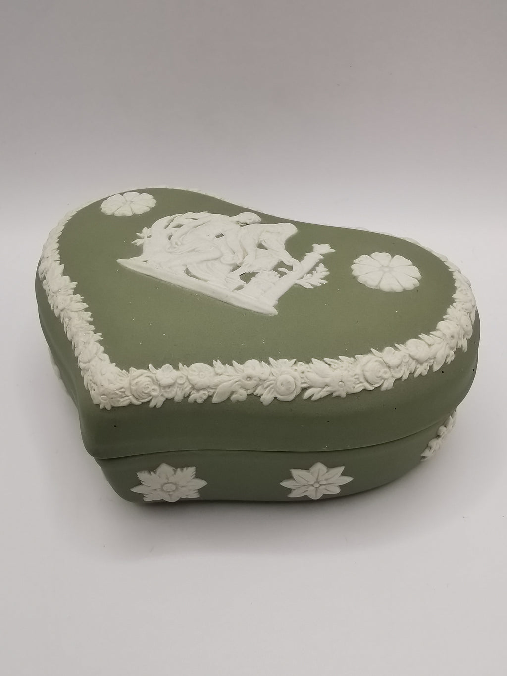 Vintage Wedgwood Sage Green Jasperware Heart Shape Trinket Box