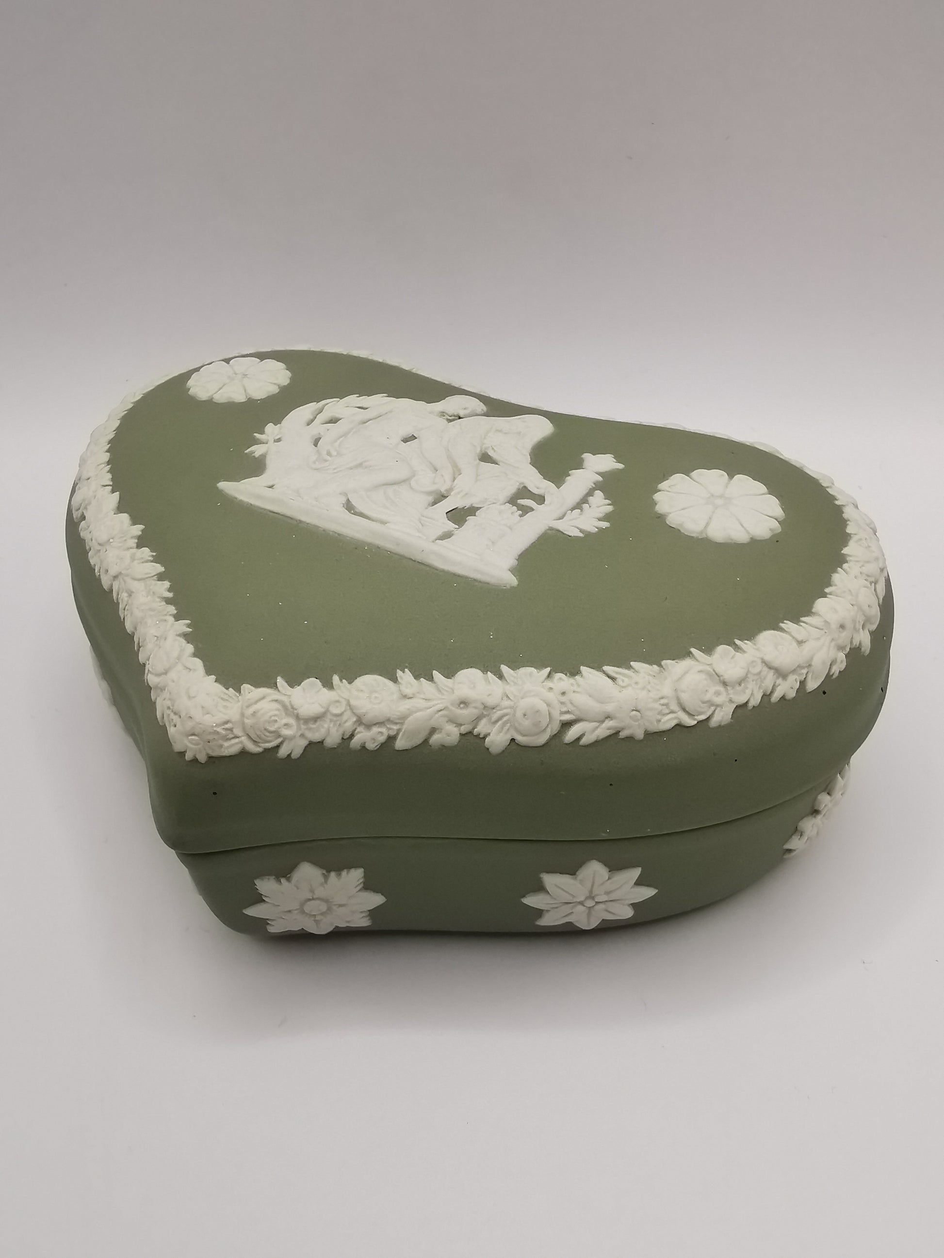 Vintage Wedgwood Sage Green Jasperware Heart Shape Trinket Box