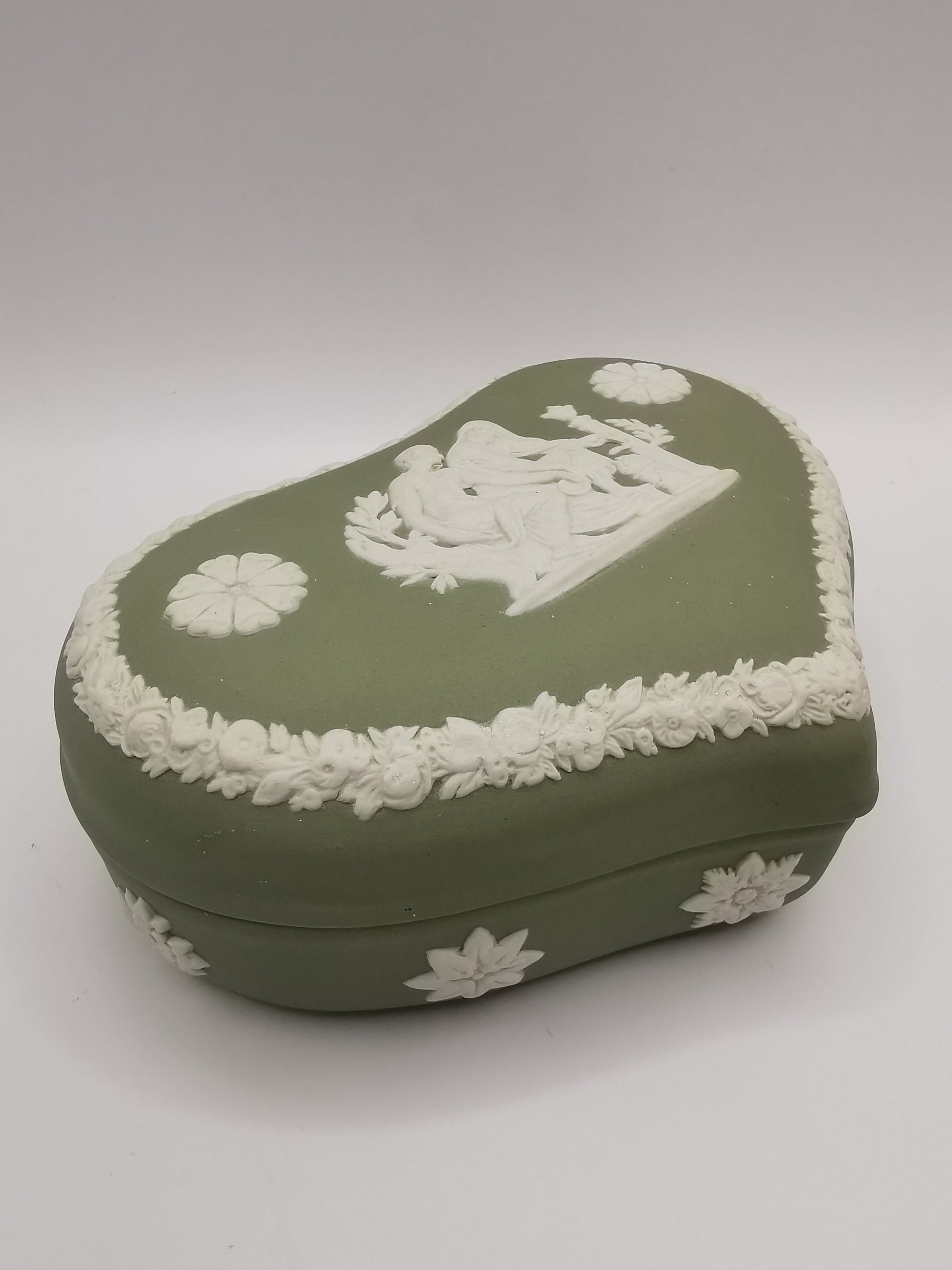 Vintage Wedgwood Sage Green Jasperware Heart Shape Trinket Box
