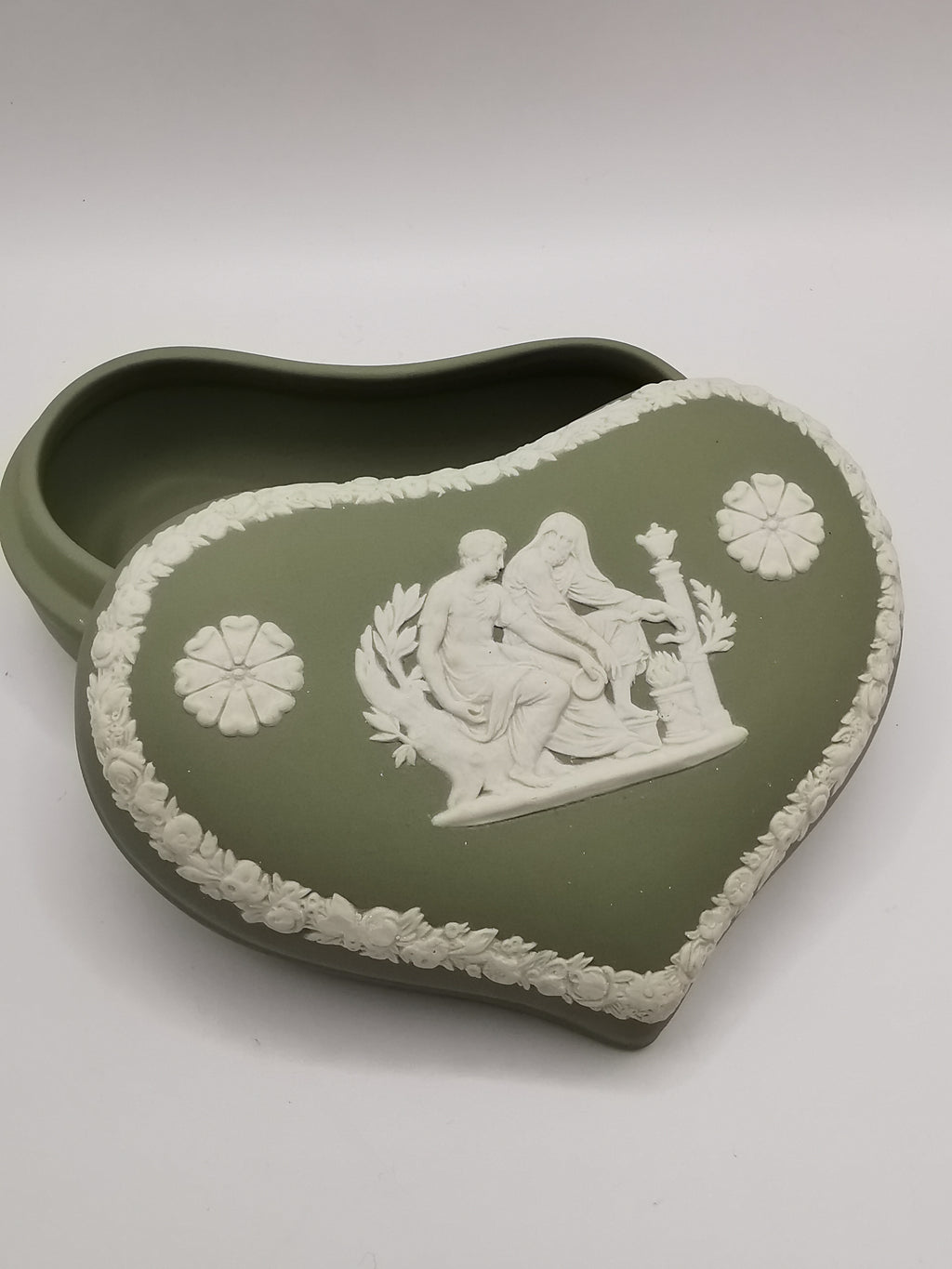 Vintage Wedgwood Sage Green Jasperware Heart Shape Trinket Box