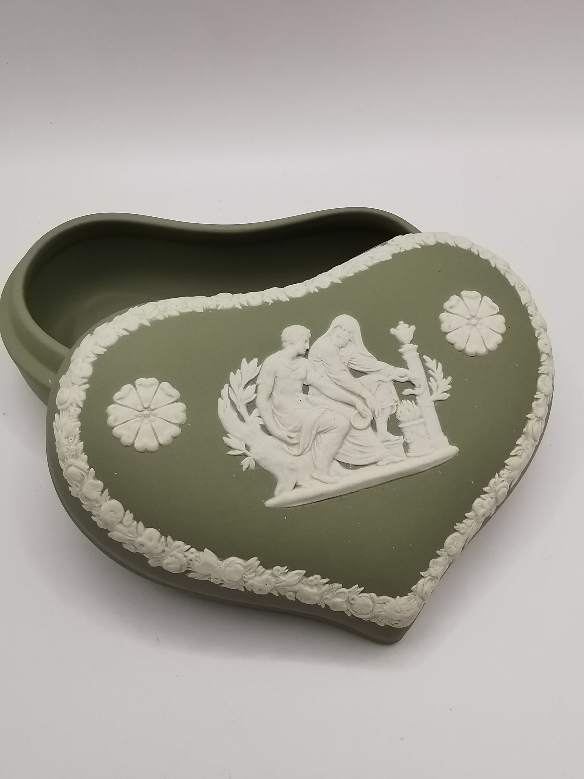 Vintage Wedgwood Sage Green Jasperware Heart Shape Trinket Box