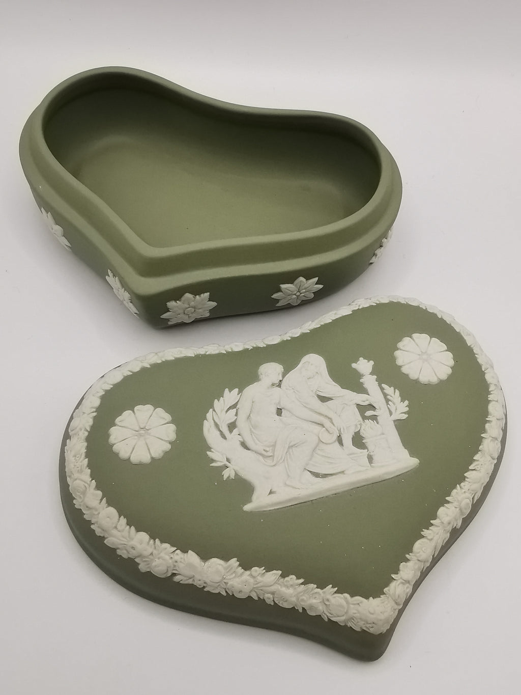 Vintage Wedgwood Sage Green Jasperware Heart Shape Trinket Box