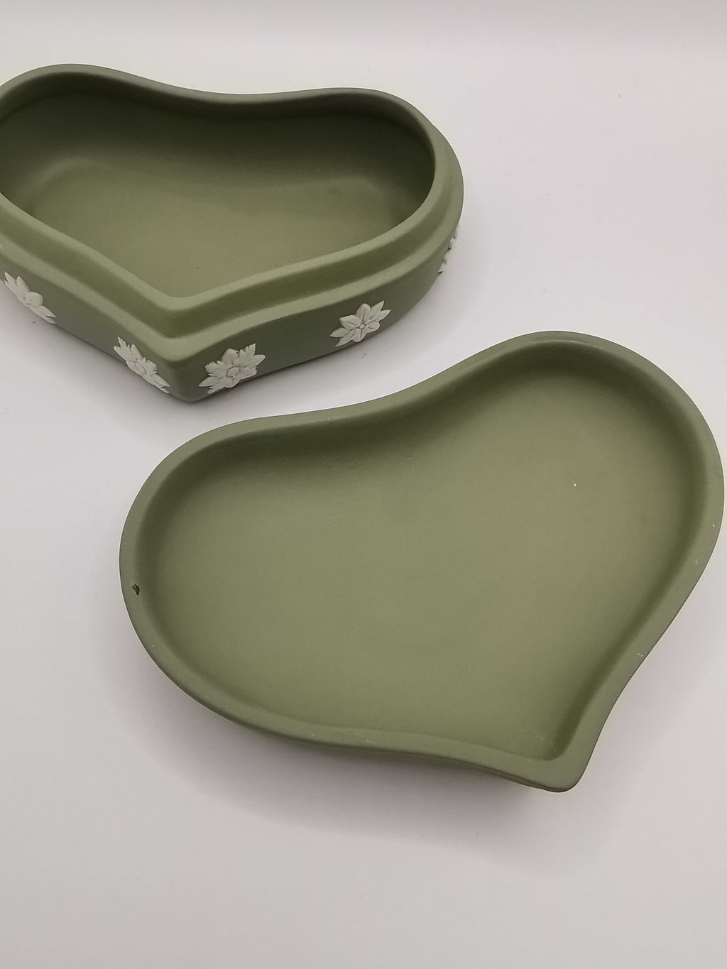 Vintage Wedgwood Sage Green Jasperware Heart Shape Trinket Box