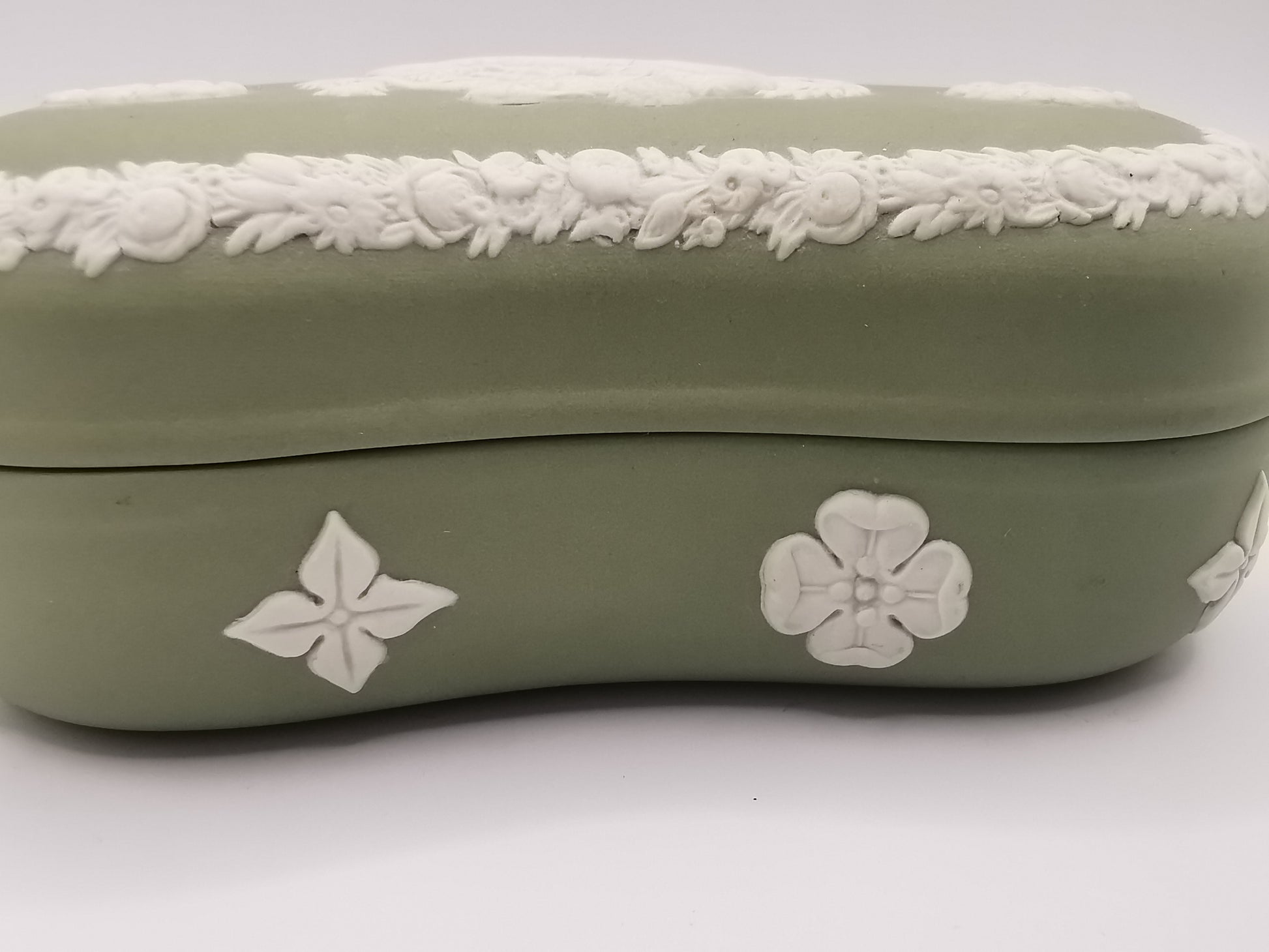 Vintage Wedgwood Sage Green Jasperware Heart Shape Trinket Box