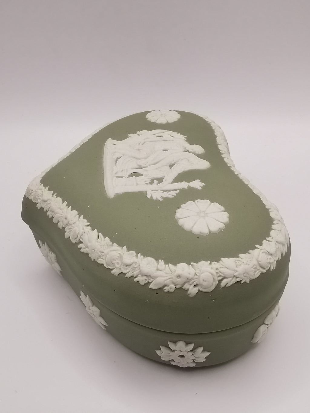 Vintage Wedgwood Sage Green Jasperware Heart Shape Trinket Box