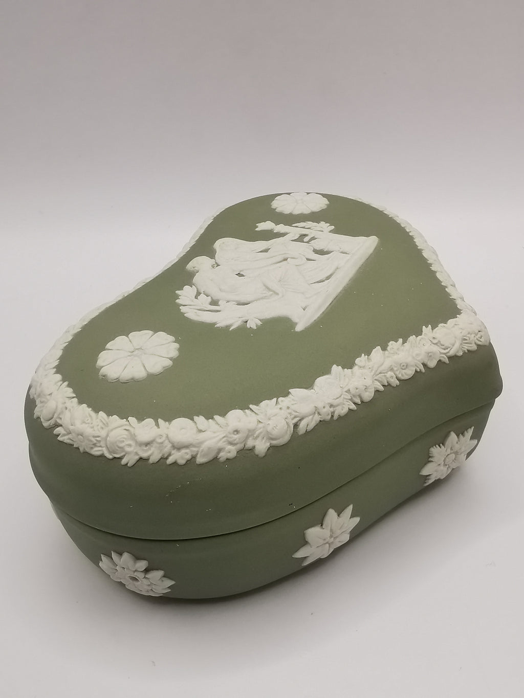 Vintage Wedgwood Sage Green Jasperware Heart Shape Trinket Box
