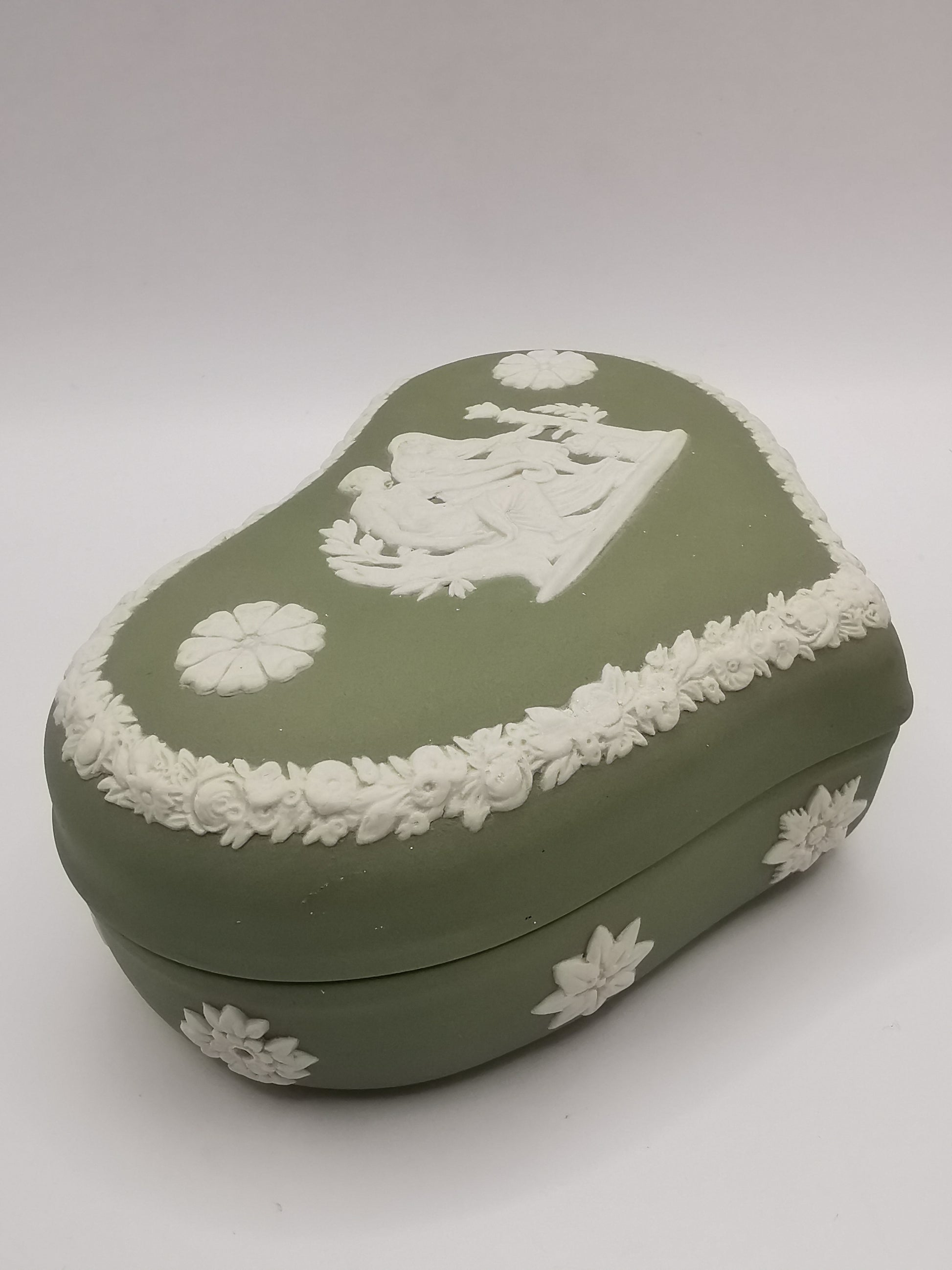 Vintage Wedgwood Sage Green Jasperware Heart Shape Trinket Box