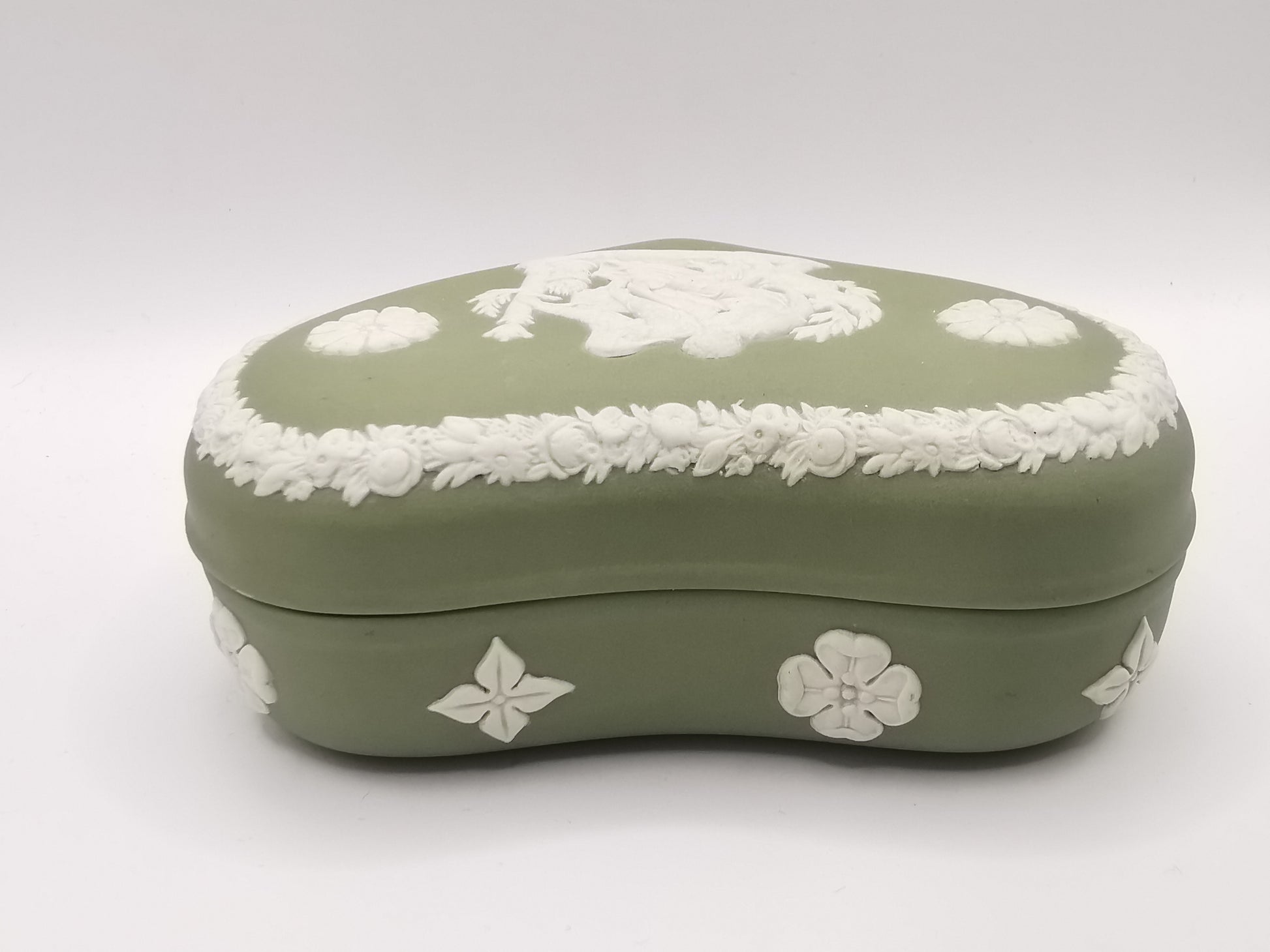 Vintage Wedgwood Sage Green Jasperware Heart Shape Trinket Box