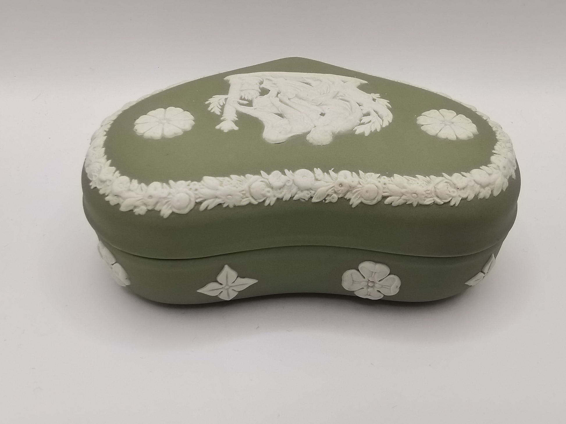 Vintage Wedgwood Sage Green Jasperware Heart Shape Trinket Box
