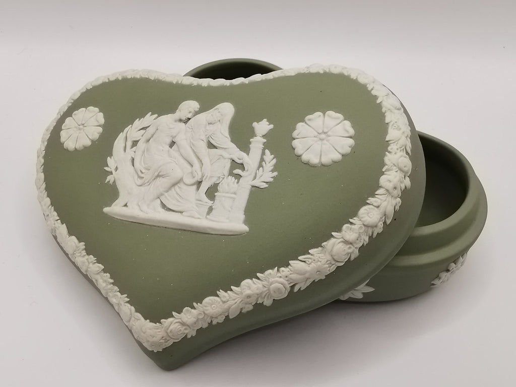 Vintage Wedgwood Sage Green Jasperware Heart Shape Trinket Box