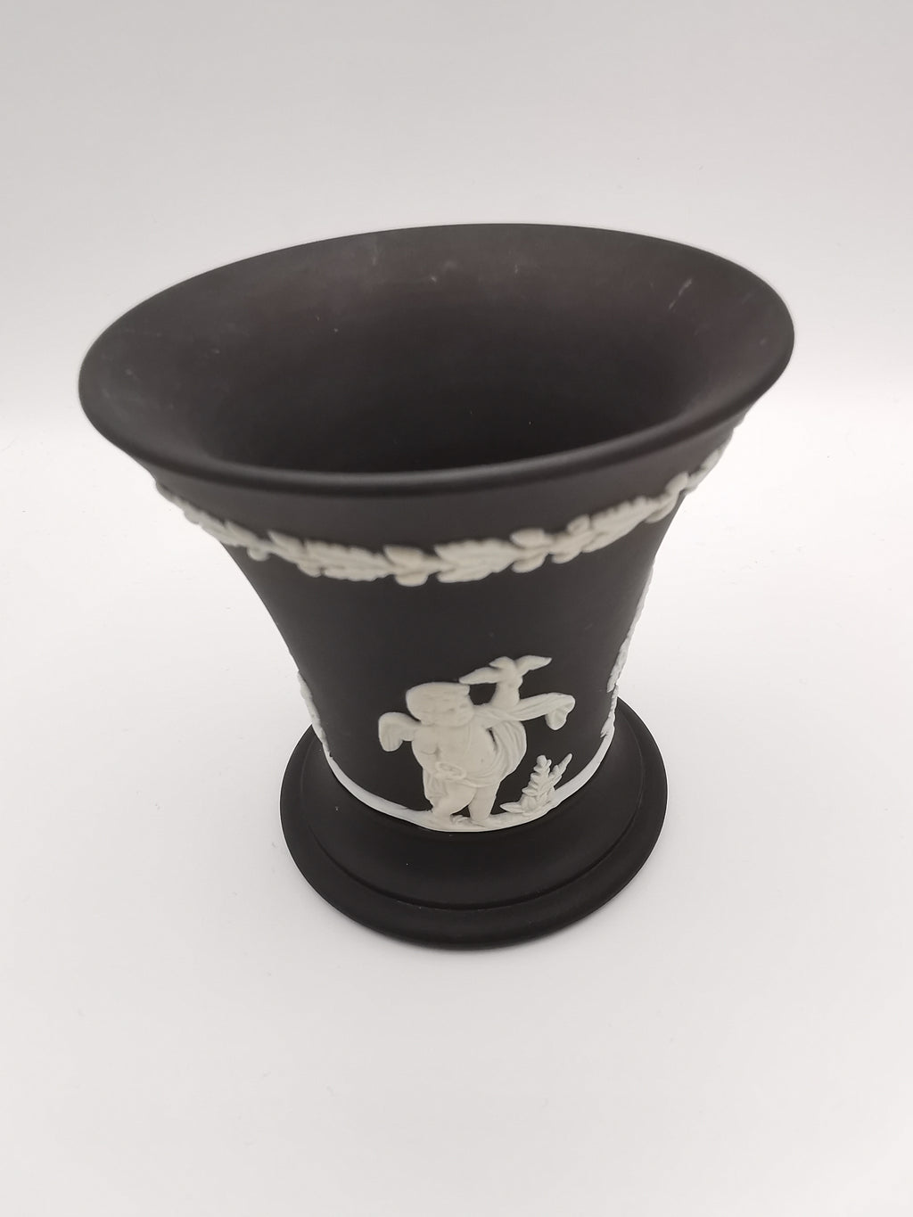 Vintage Wedgwood Black Jasperware Cherub Trumpet Vase