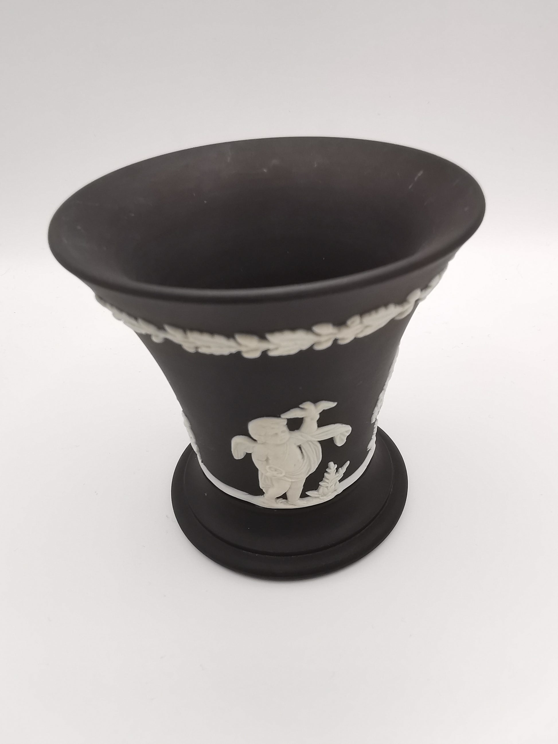 Vintage Wedgwood Black Jasperware Cherub Trumpet Vase