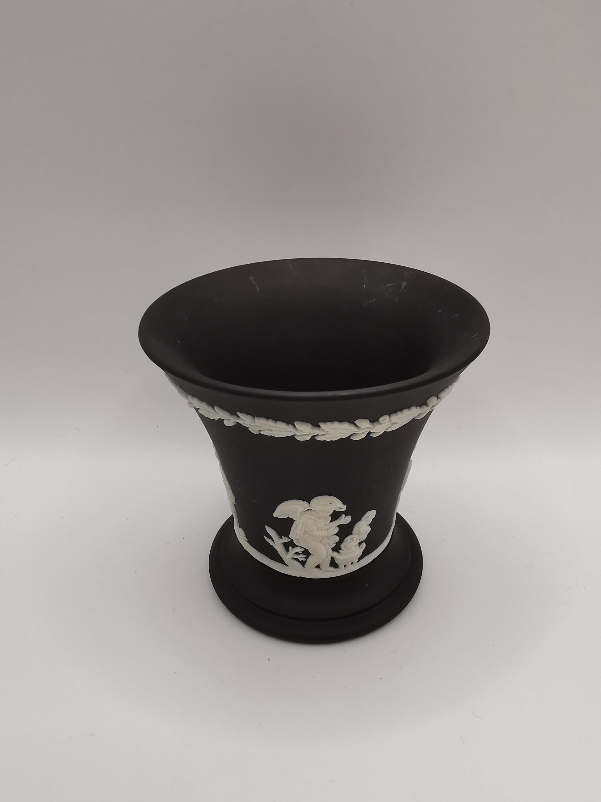 Vintage Wedgwood Black Jasperware Cherub Trumpet Vase