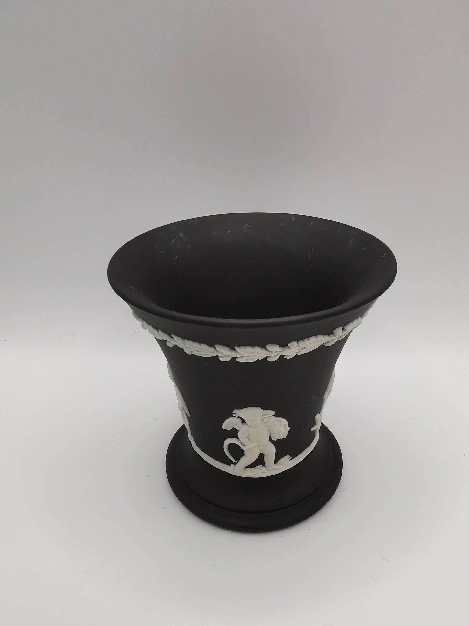 Vintage Wedgwood Black Jasperware Cherub Trumpet Vase