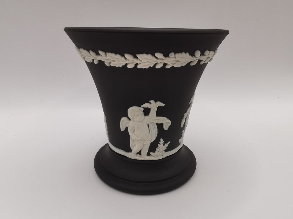 Vintage Wedgwood Black Jasperware Cherub Trumpet Vase
