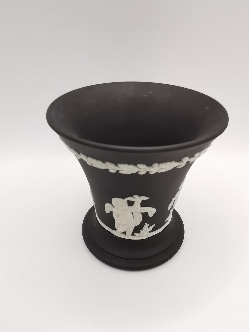 Vintage Wedgwood Black Jasperware Cherub Trumpet Vase