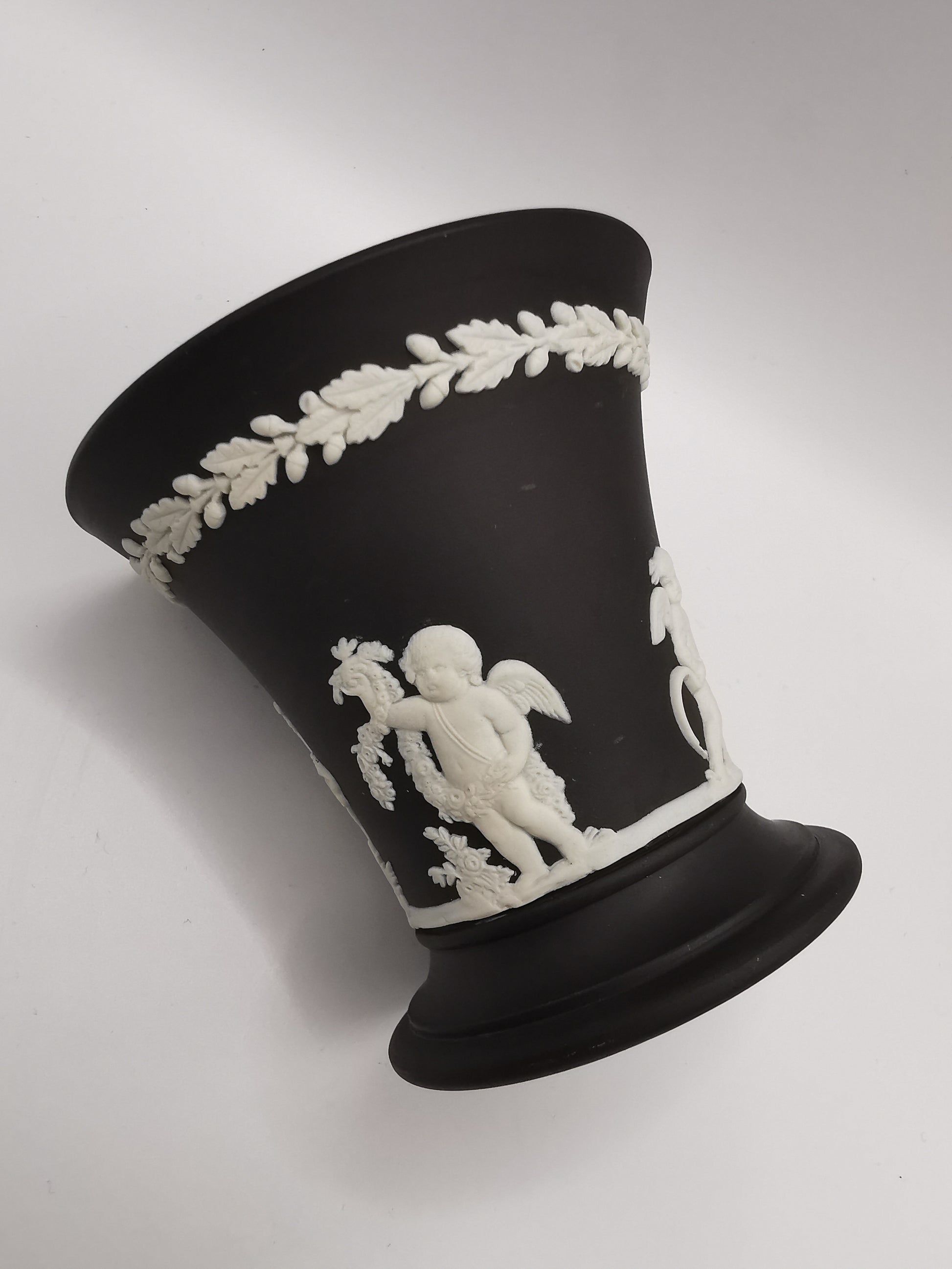 Vintage Wedgwood Black Jasperware Cherub Trumpet Vase