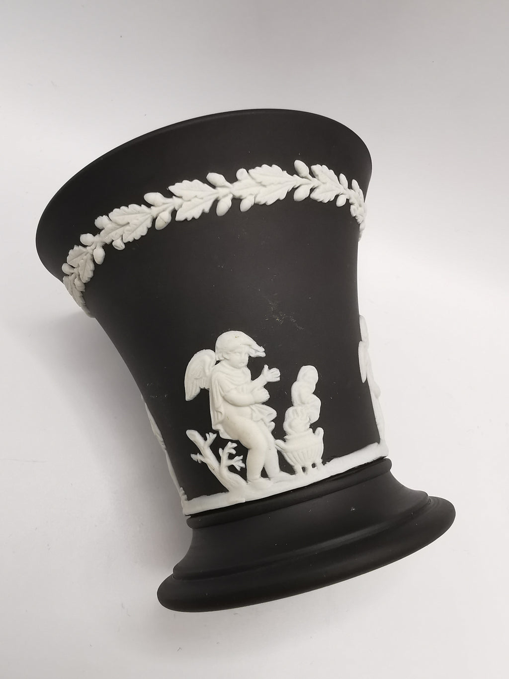 Vintage Wedgwood Black Jasperware Cherub Trumpet Vase