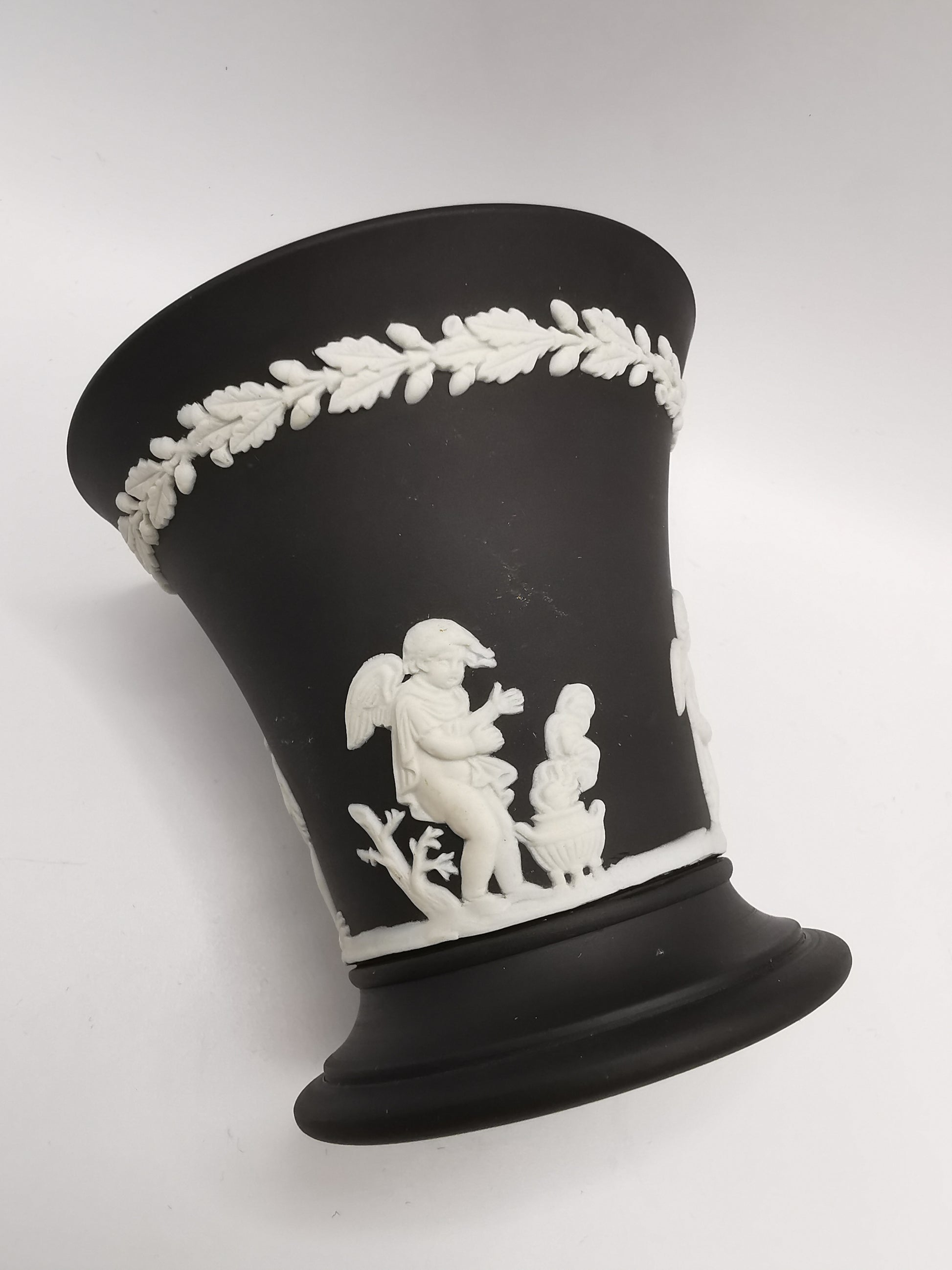 Vintage Wedgwood Black Jasperware Cherub Trumpet Vase
