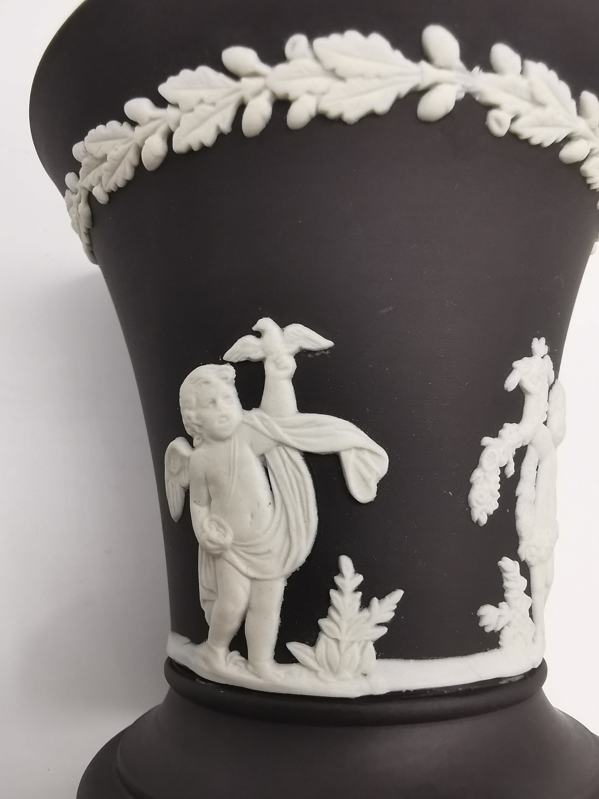Vintage Wedgwood Black Jasperware Cherub Trumpet Vase