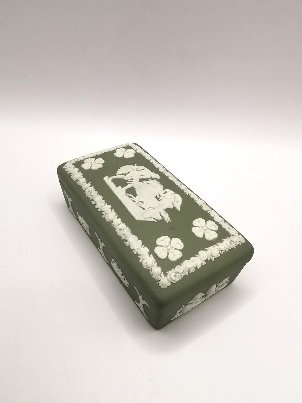 Vintage Wedgwood Sage Green Jasperware Rectangular Trinket Box