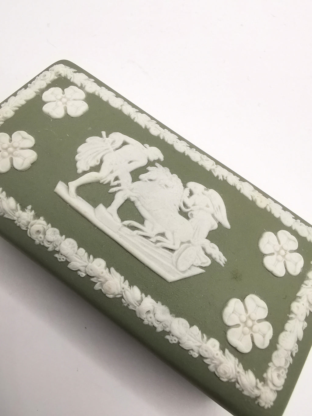 Vintage Wedgwood Sage Green Jasperware Rectangular Trinket Box