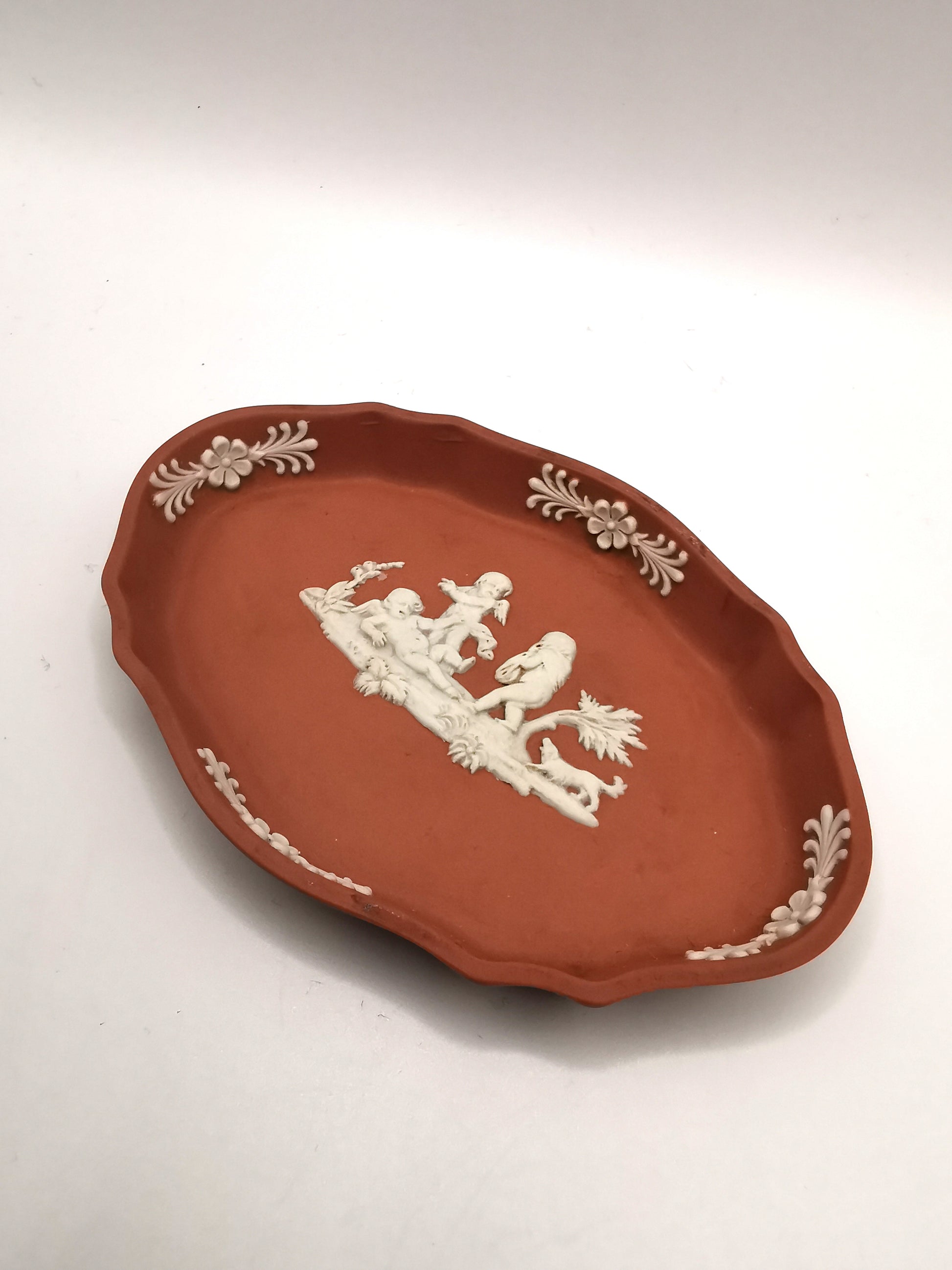Vintage Wedgwood Terracotta Jasperware Scalloped Oval Pin Dish