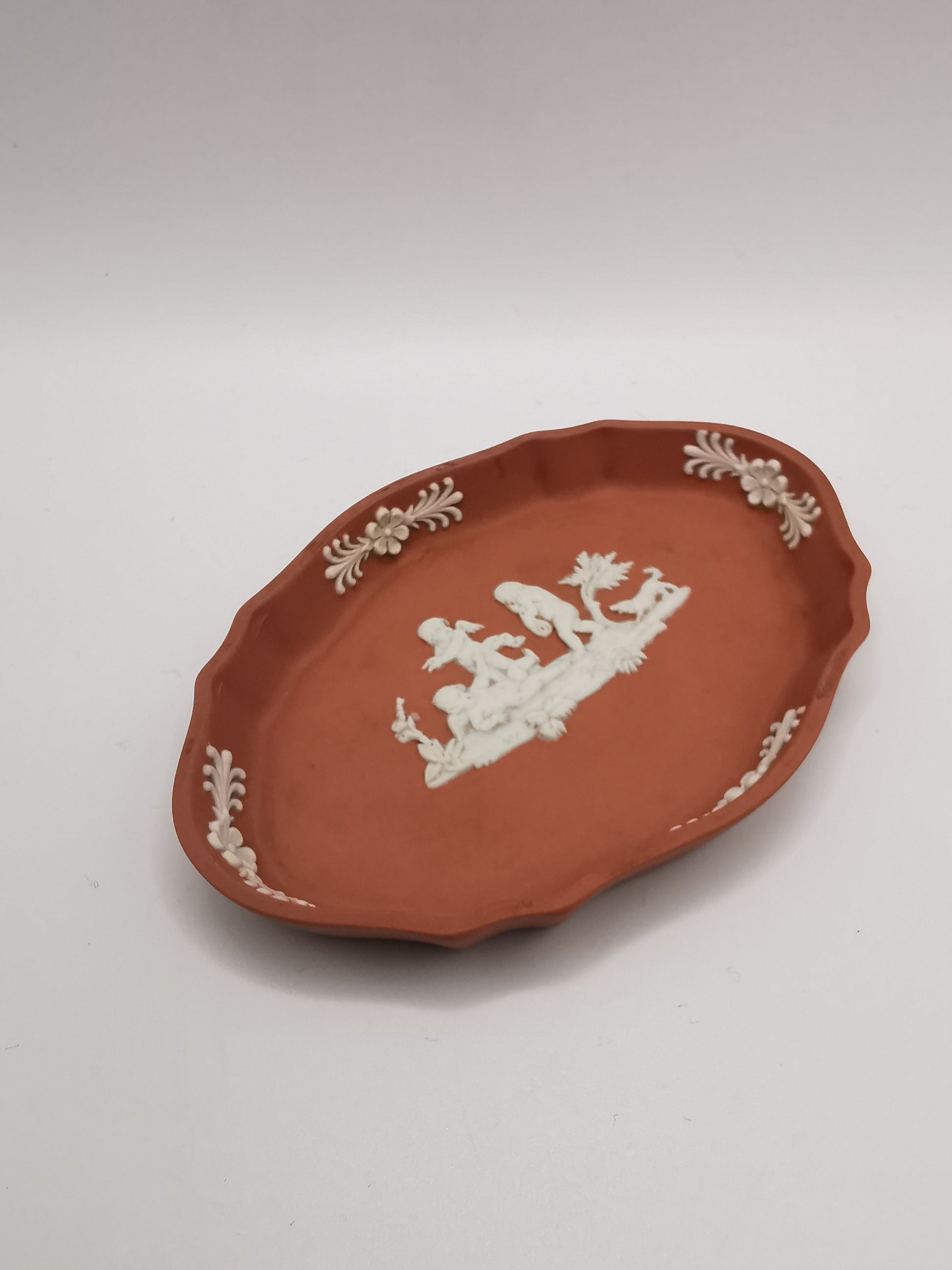 Vintage Wedgwood Terracotta Jasperware Scalloped Oval Pin Dish