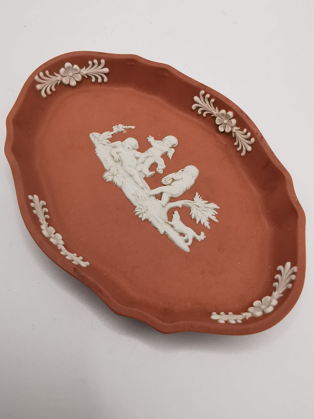Vintage Wedgwood Terracotta Jasperware Scalloped Oval Pin Dish