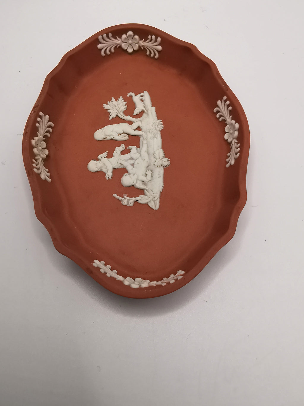 Vintage Wedgwood Terracotta Jasperware Scalloped Oval Pin Dish