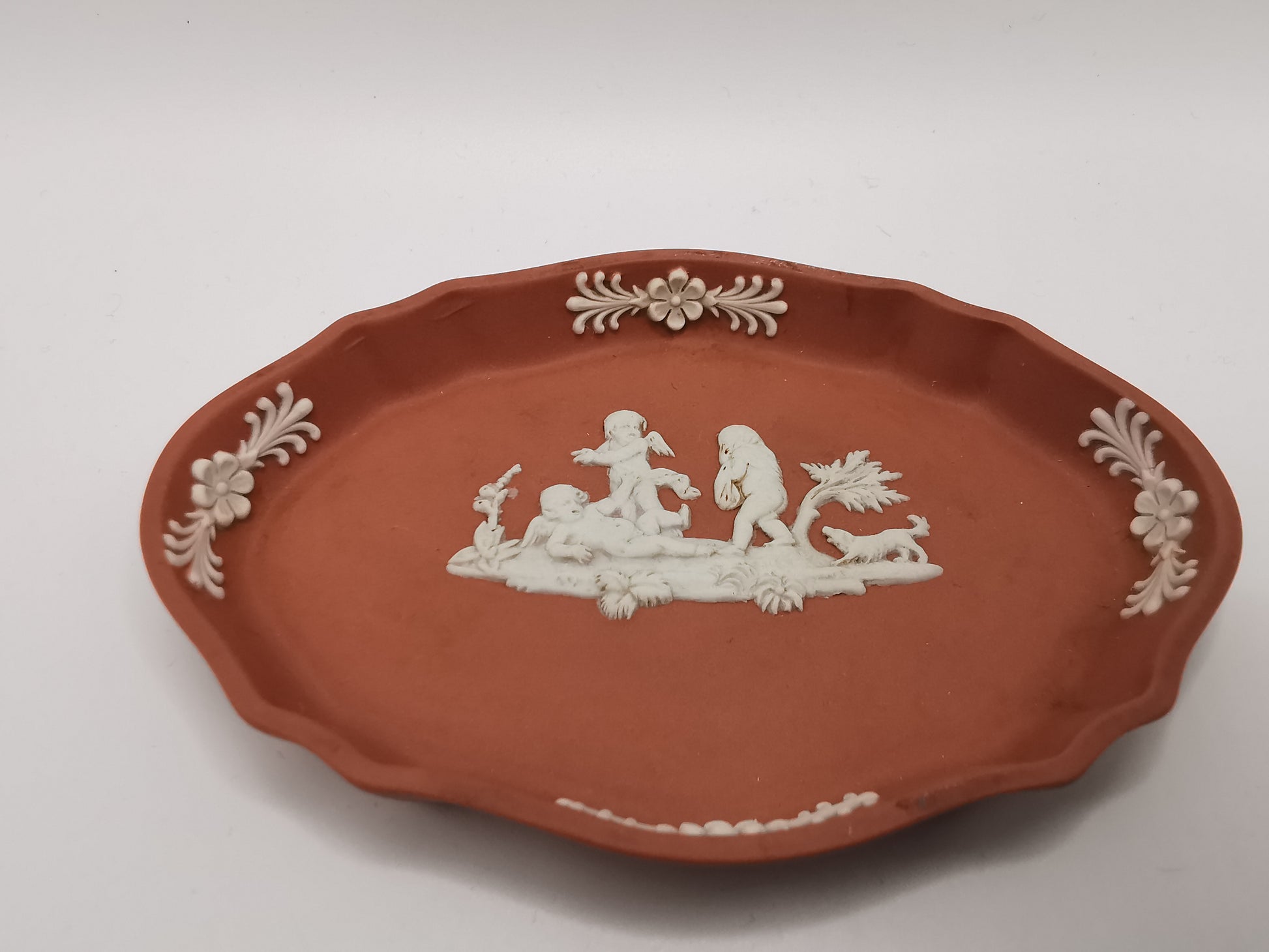 Vintage Wedgwood Terracotta Jasperware Scalloped Oval Pin Dish