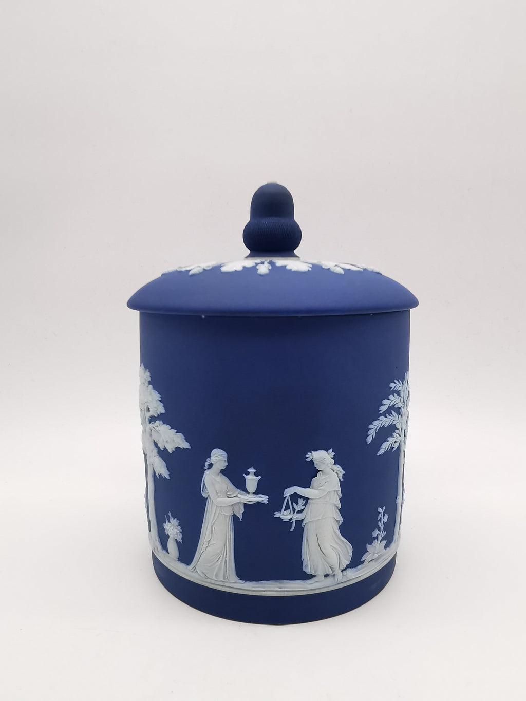 Antique Victorian Wedgwood Cobalt Dark Blue Jasperware Acorn Finial Biscuit Barrel -Jar