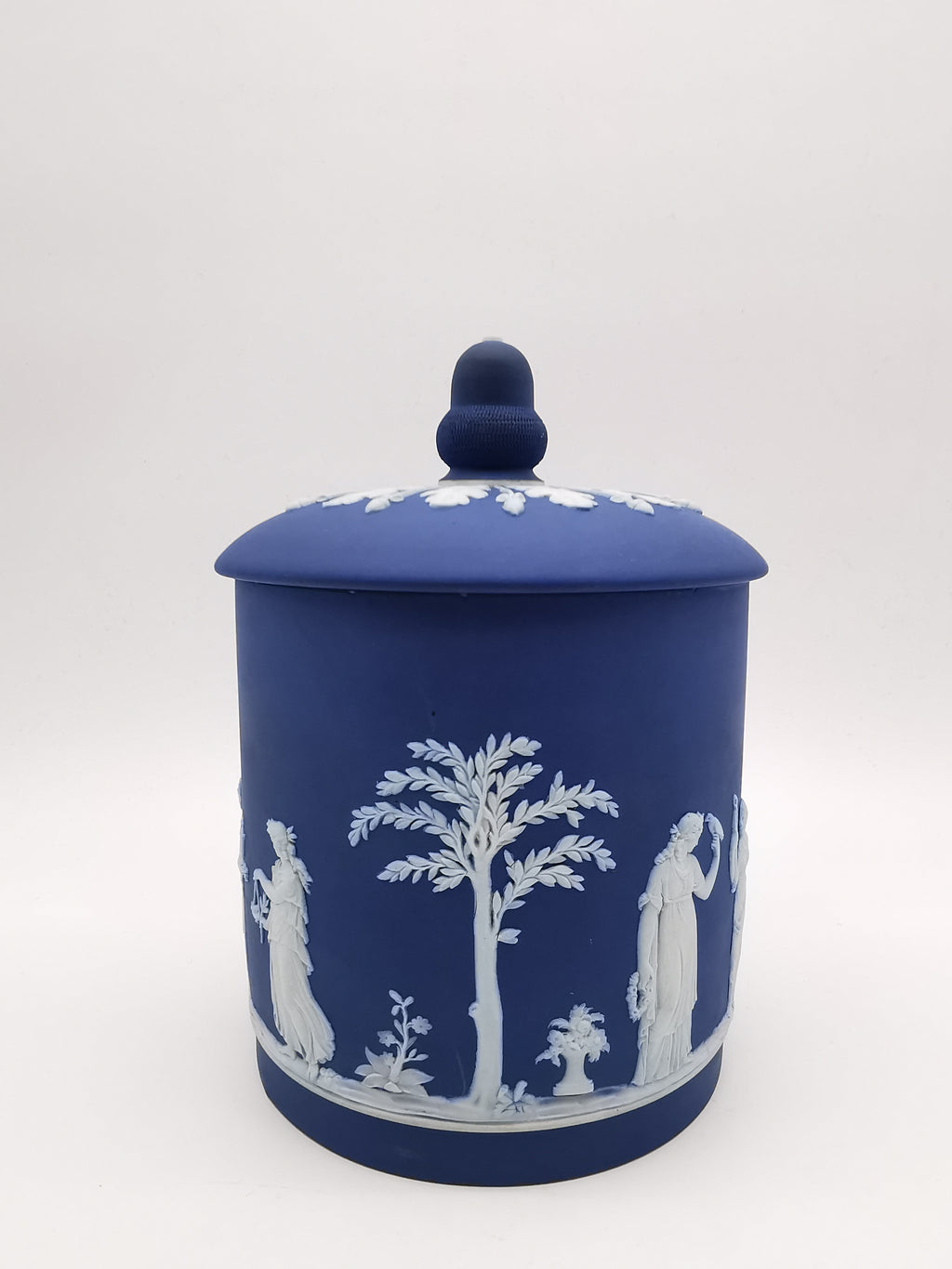 Antique Victorian Wedgwood Cobalt Dark Blue Jasperware Acorn Finial Biscuit Barrel -Jar