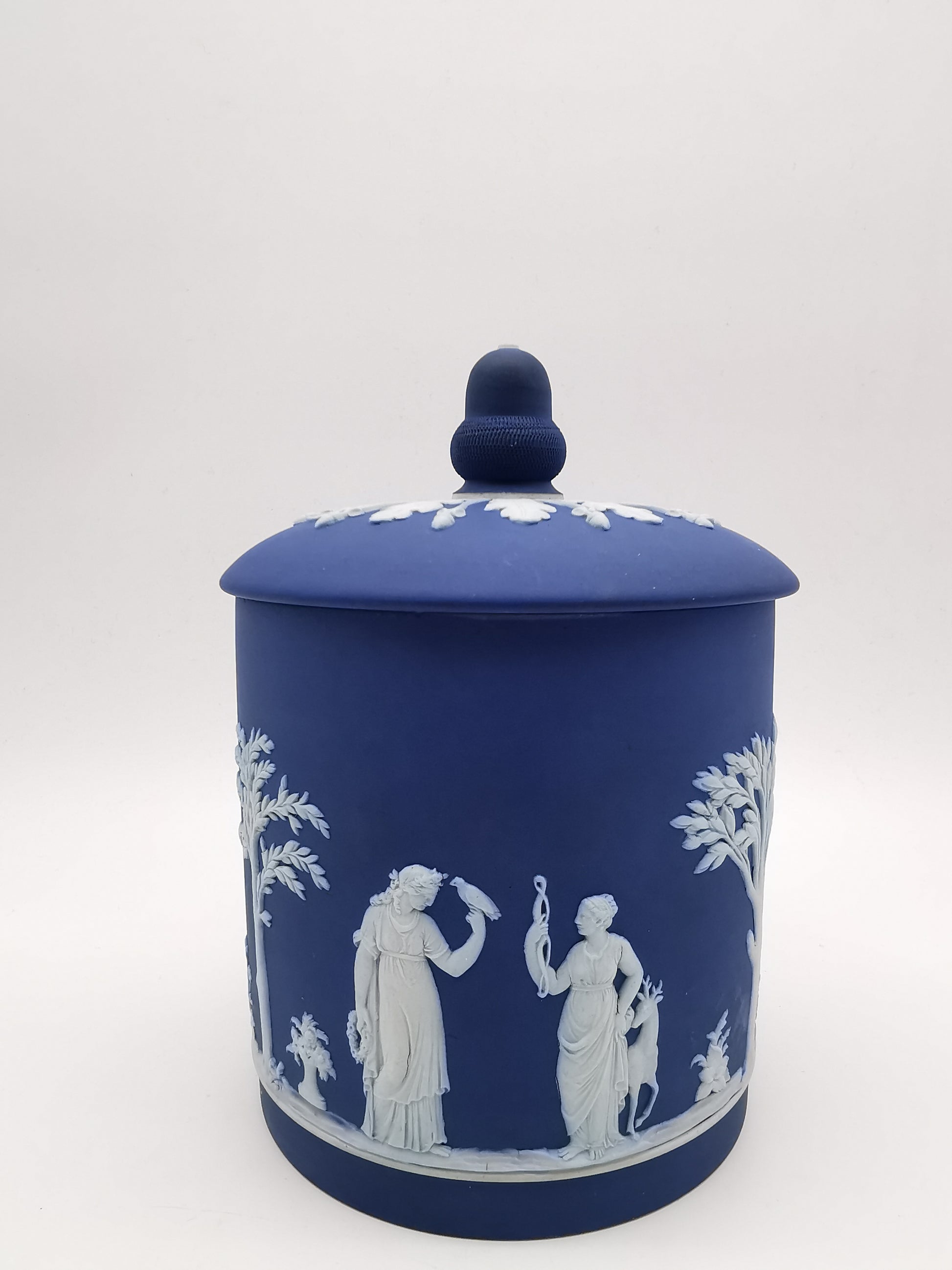 Antique Victorian Wedgwood Cobalt Dark Blue Jasperware Acorn Finial Biscuit Barrel -Jar