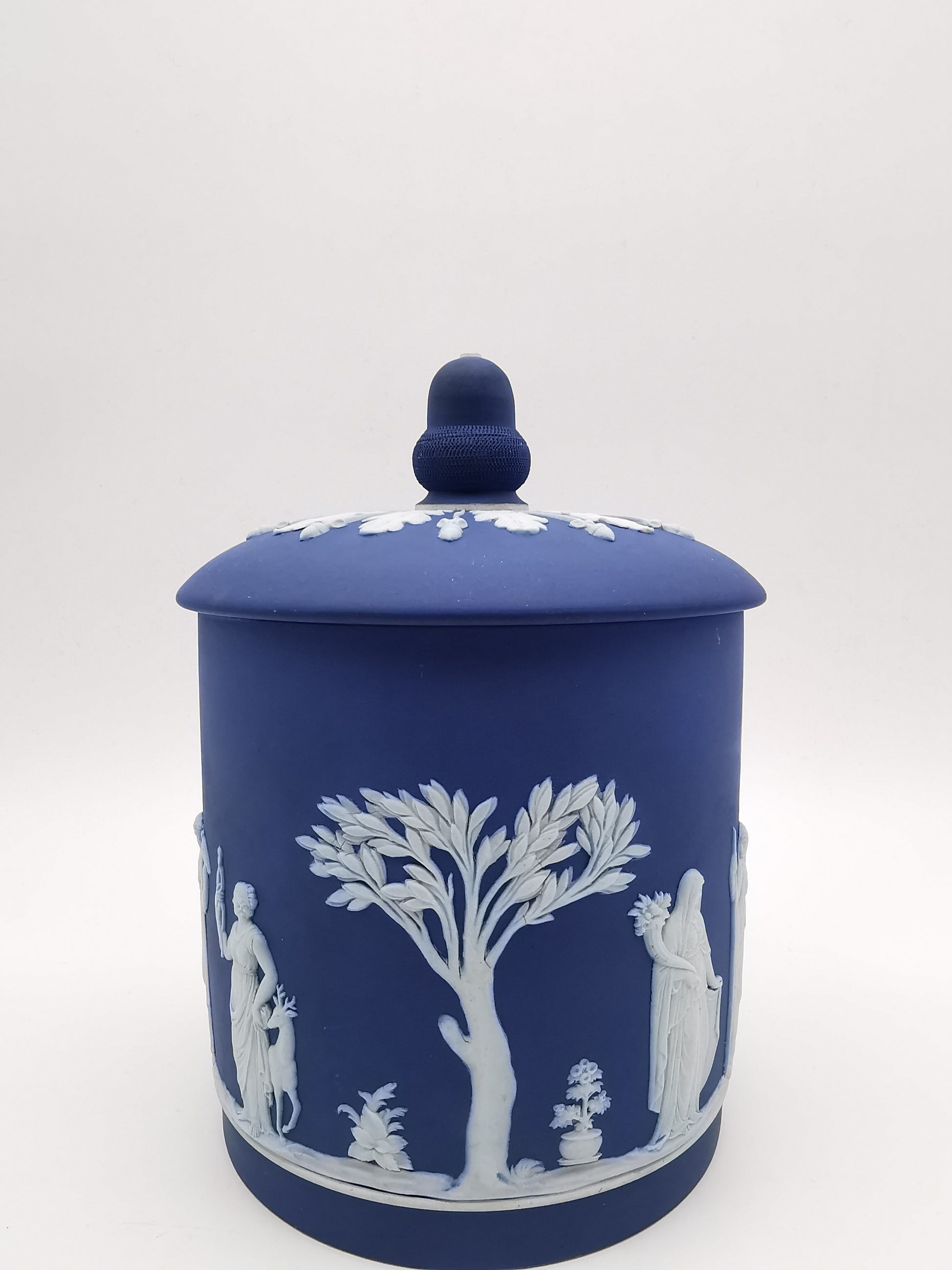 Antique Victorian Wedgwood Cobalt Dark Blue Jasperware Acorn Finial Biscuit Barrel -Jar