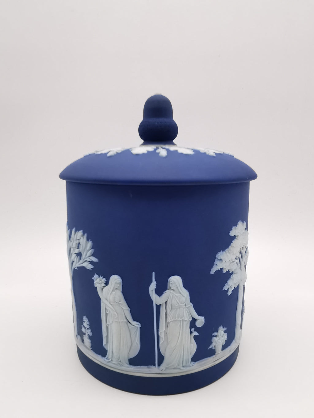 Antique Victorian Wedgwood Cobalt Dark Blue Jasperware Acorn Finial Biscuit Barrel -Jar