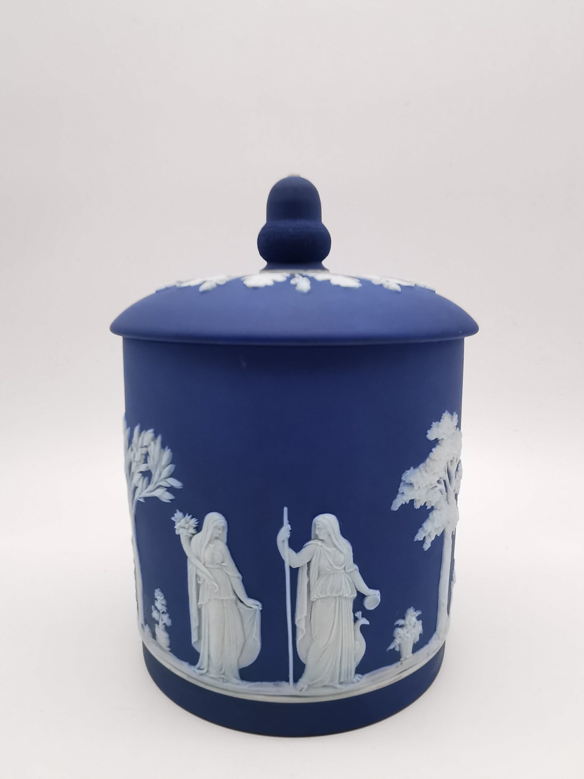 Antique Victorian Wedgwood Cobalt Dark Blue Jasperware Acorn Finial Biscuit Barrel -Jar